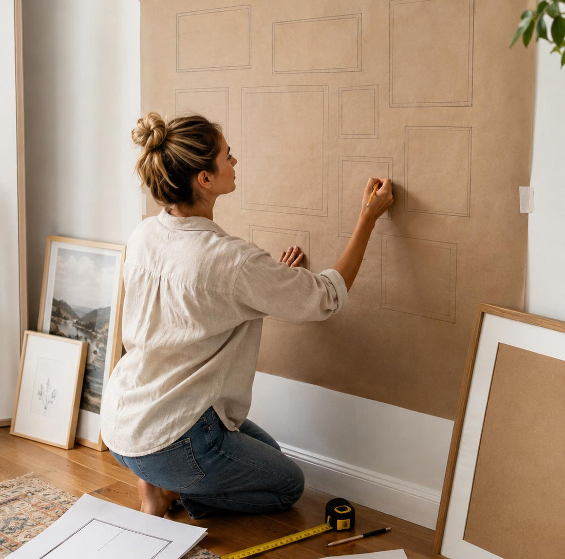 A woman kneels on a wooden floor in a bright room, marking a large brown paper sheet with rectangular outlines. Framed artwork, a tape measure, and other home decor items are visible around her.