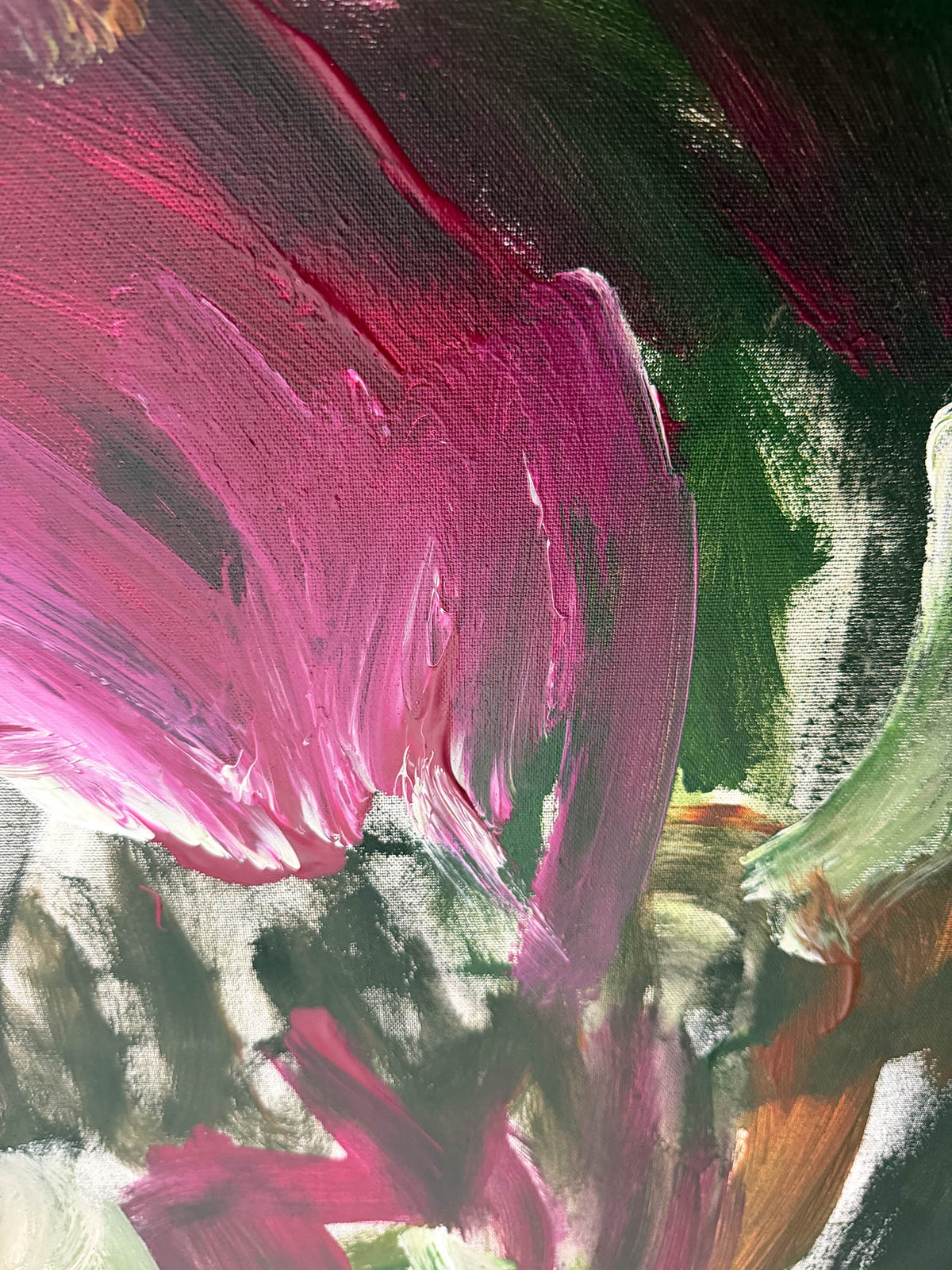Abstract expressionist painting with thick impasto brushstrokes in vibrant magenta pink, deep forest green, and off-white, with subtle warm brown accents.