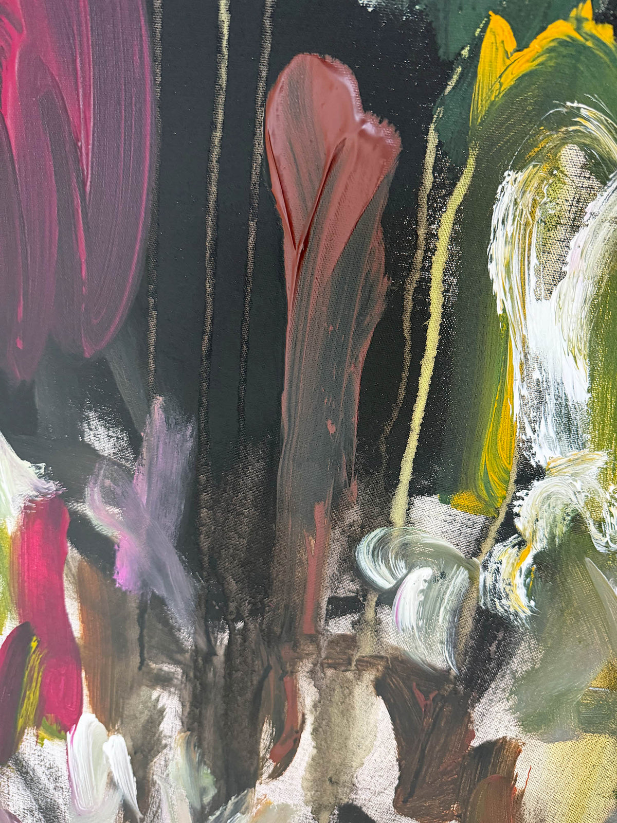 Abstract painting with expressive brushstrokes in black, pink, green, yellow, white, and brown, featuring layered organic and gestural forms.