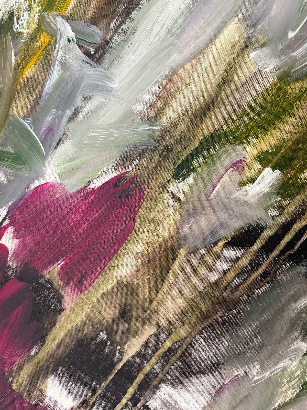 Abstract painting with expressive brushstrokes in beige, gray, white, green, black, and magenta pink.
