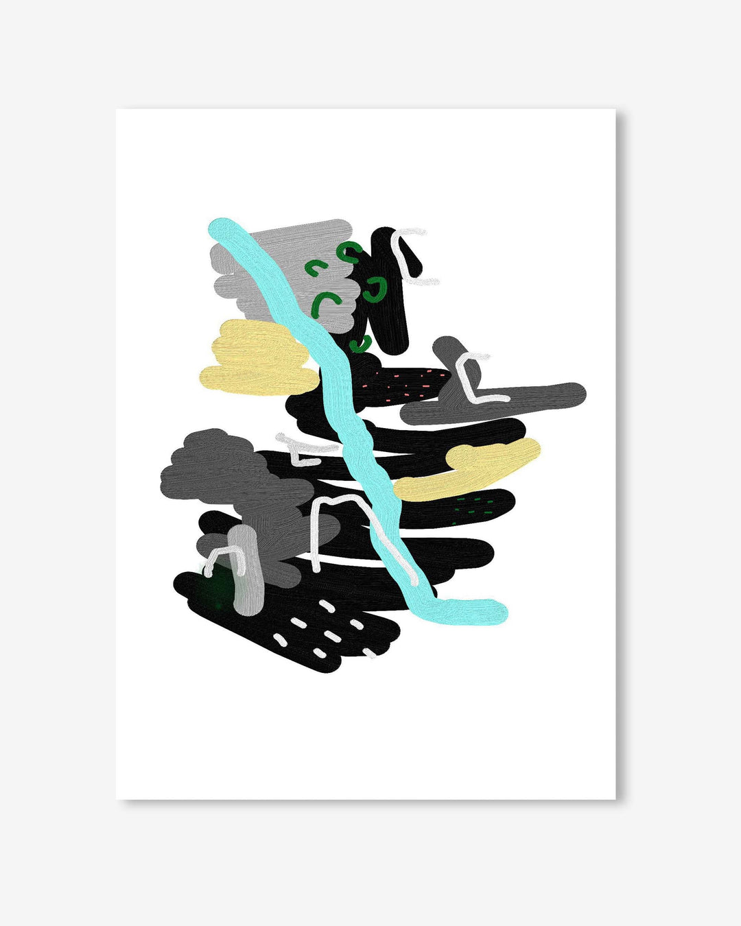 Abstract art print with black, yellow, and blue shapes on a white background