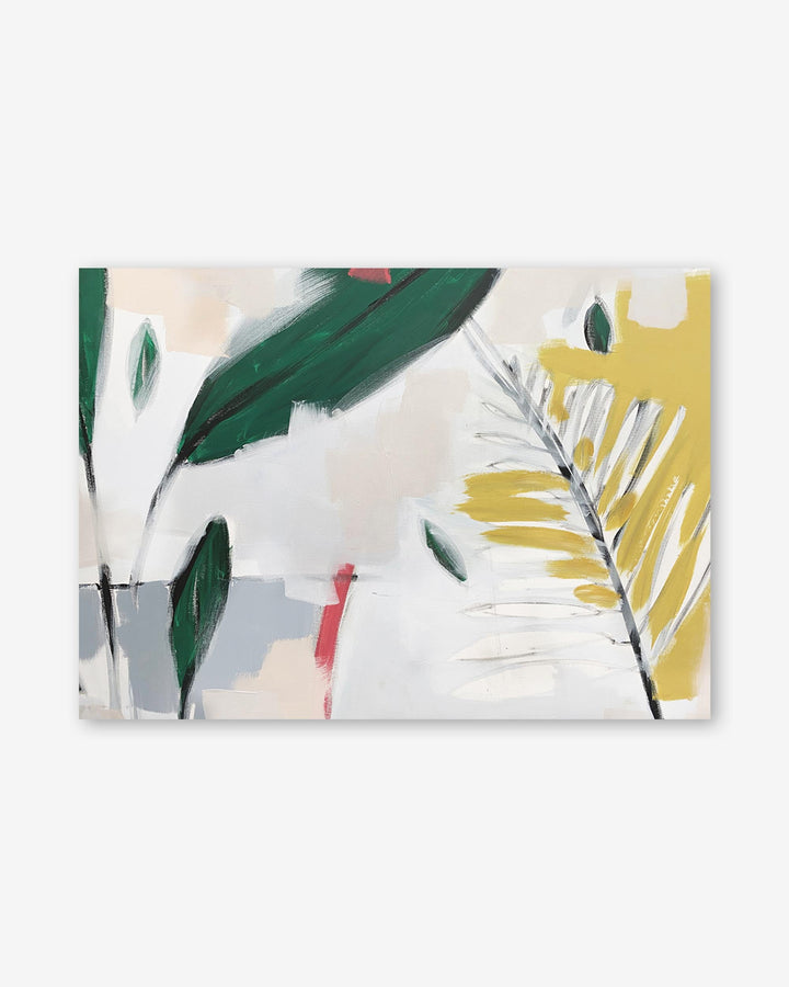 Abstract art print with colorful leaves on a white background