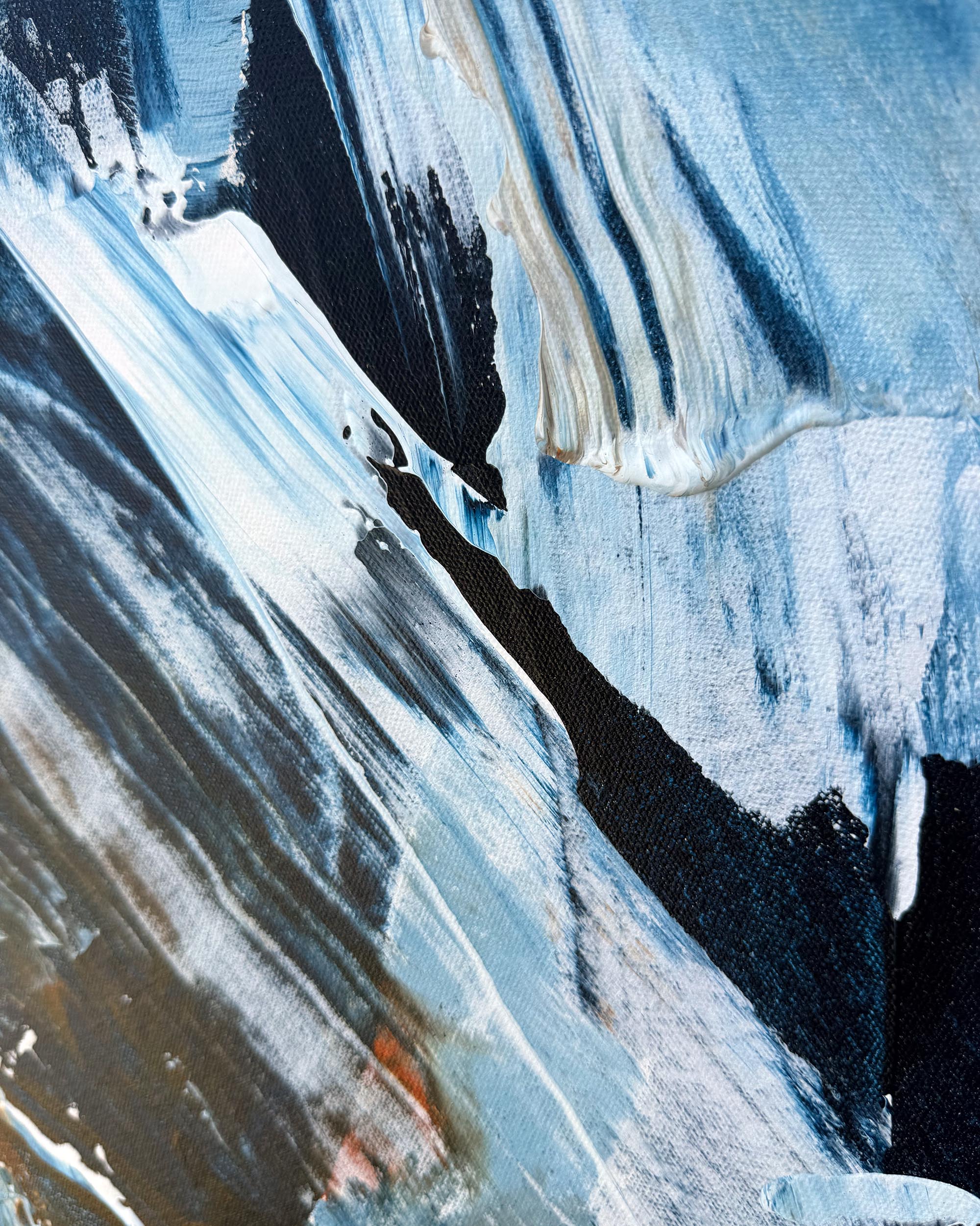 Abstract canvas painting with expressive brushstrokes in shades of blue, white, black, and gray, featuring textured impasto details.