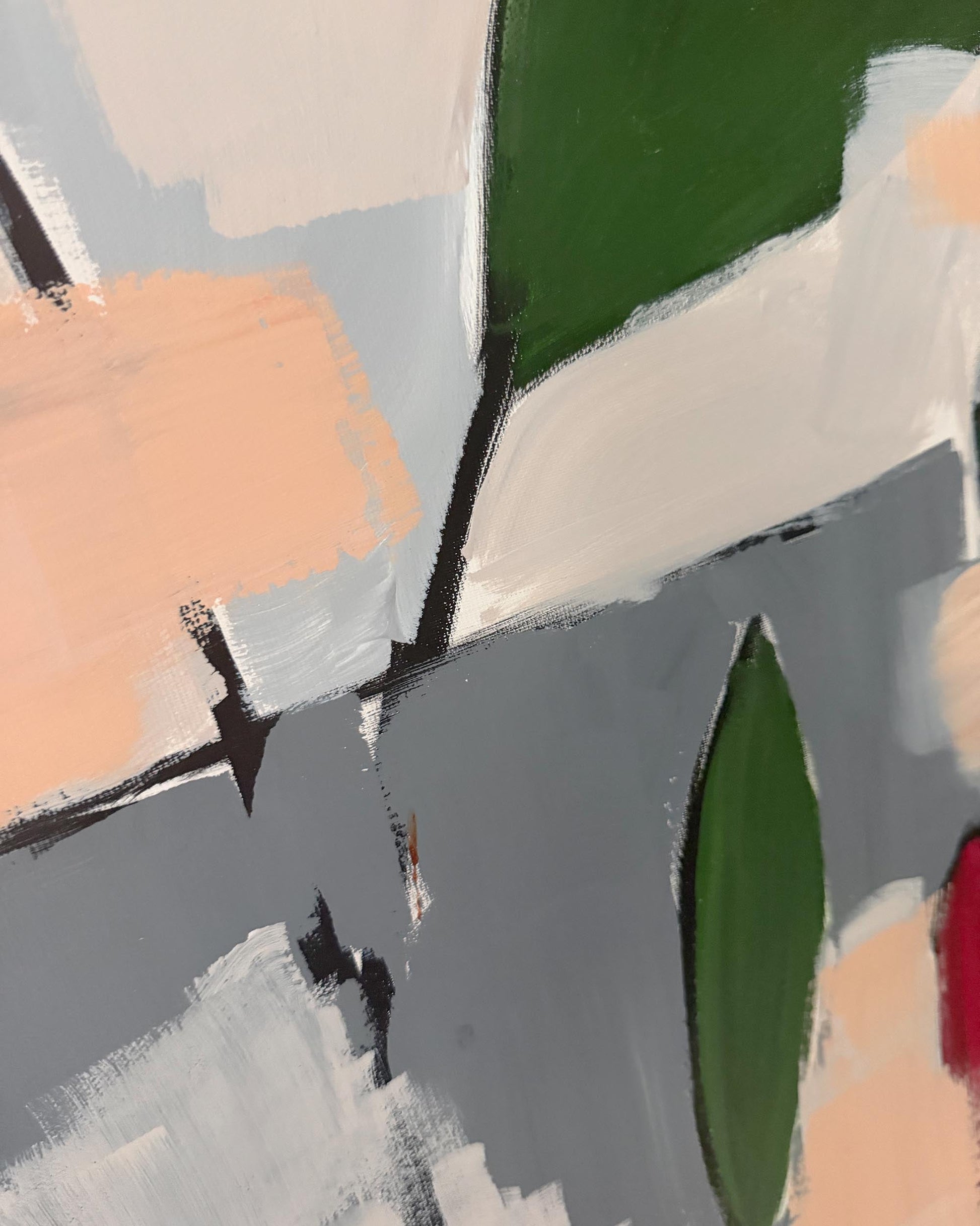 Abstract geometric painting with thick brushstrokes in gray, white, green, peach, and small red accents.