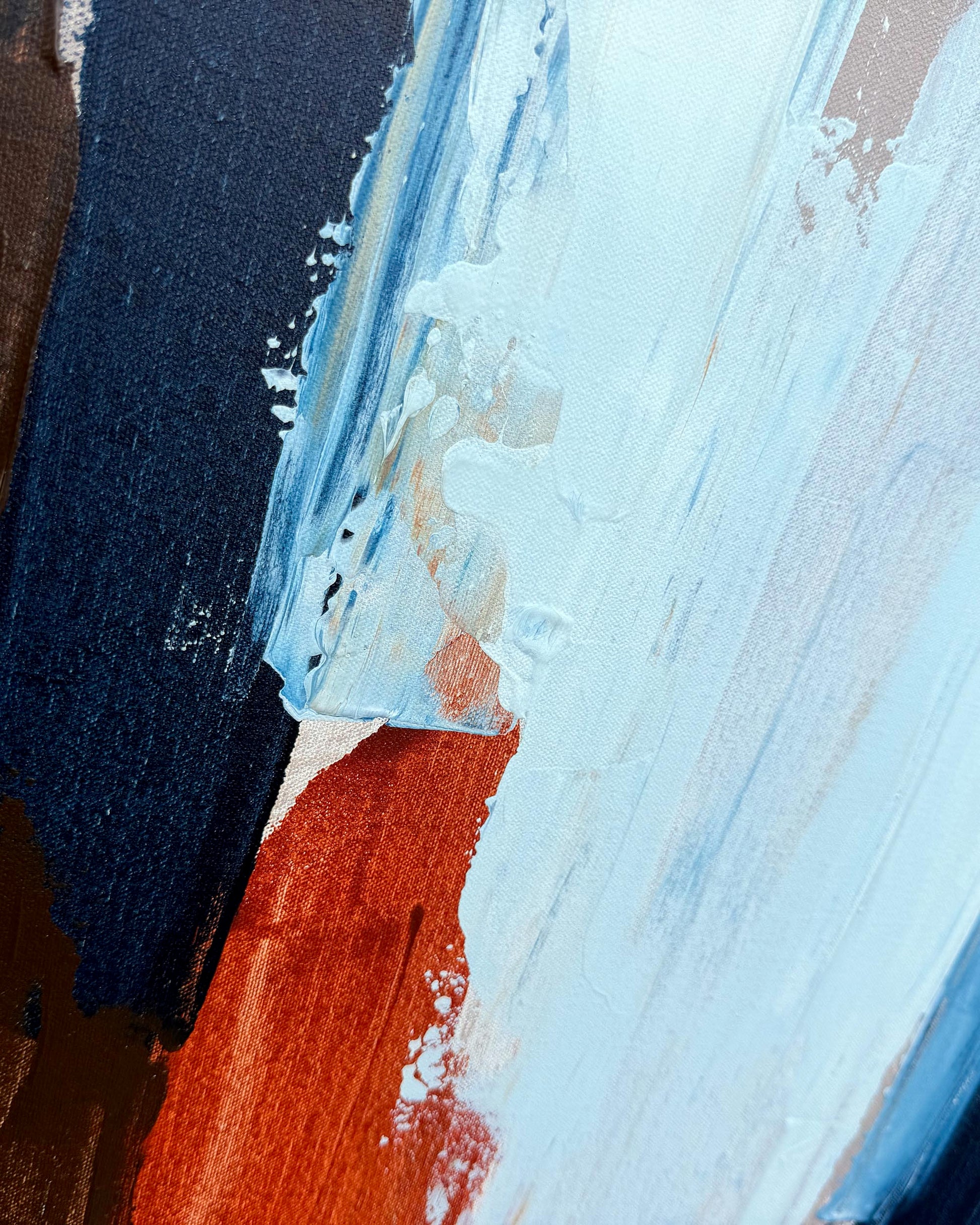 Abstract painting with thick textured brushstrokes in light blue, dark navy, rust red, and brown.