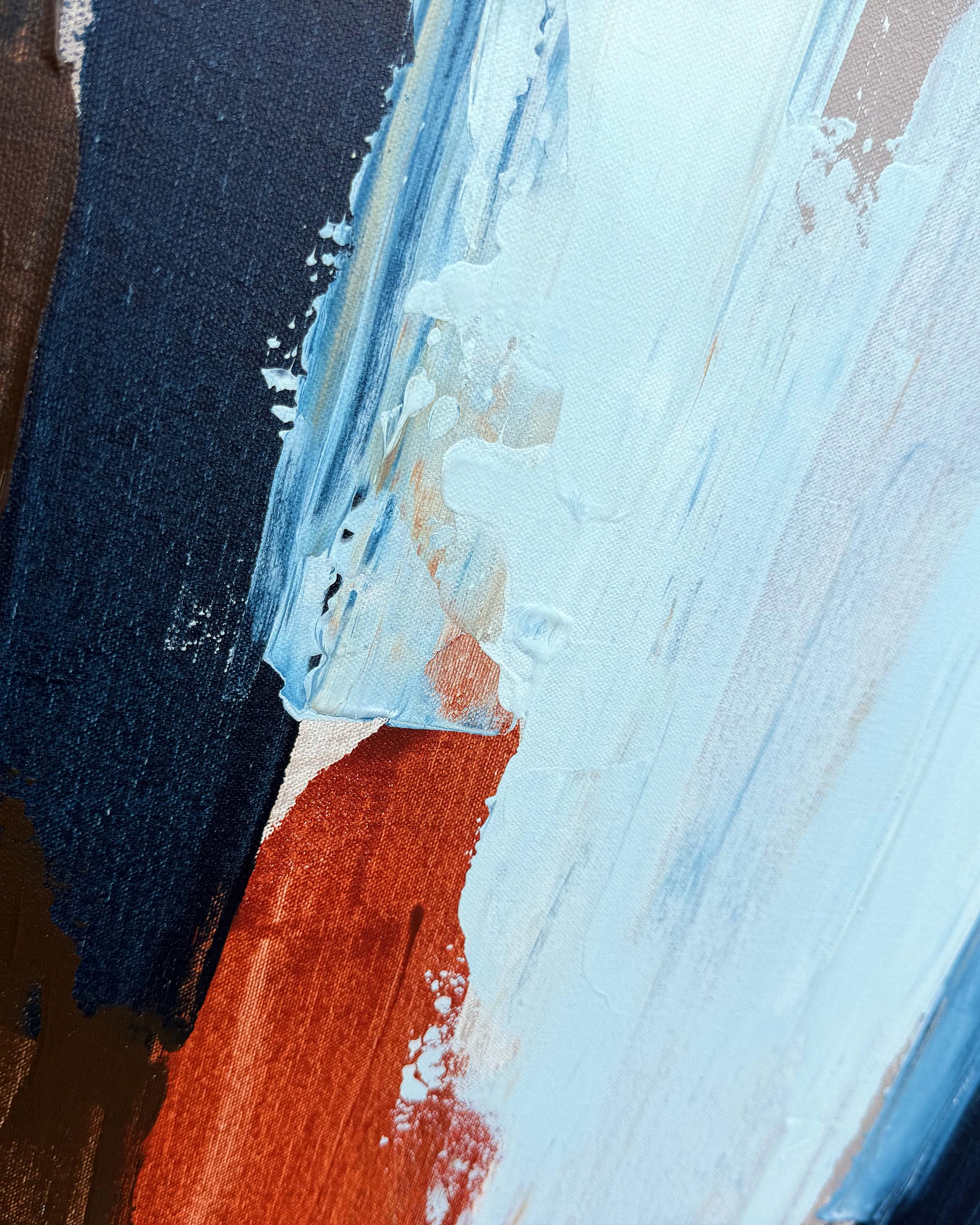 Abstract painting with thick textured brushstrokes in light blue, dark navy, rust red, and brown.