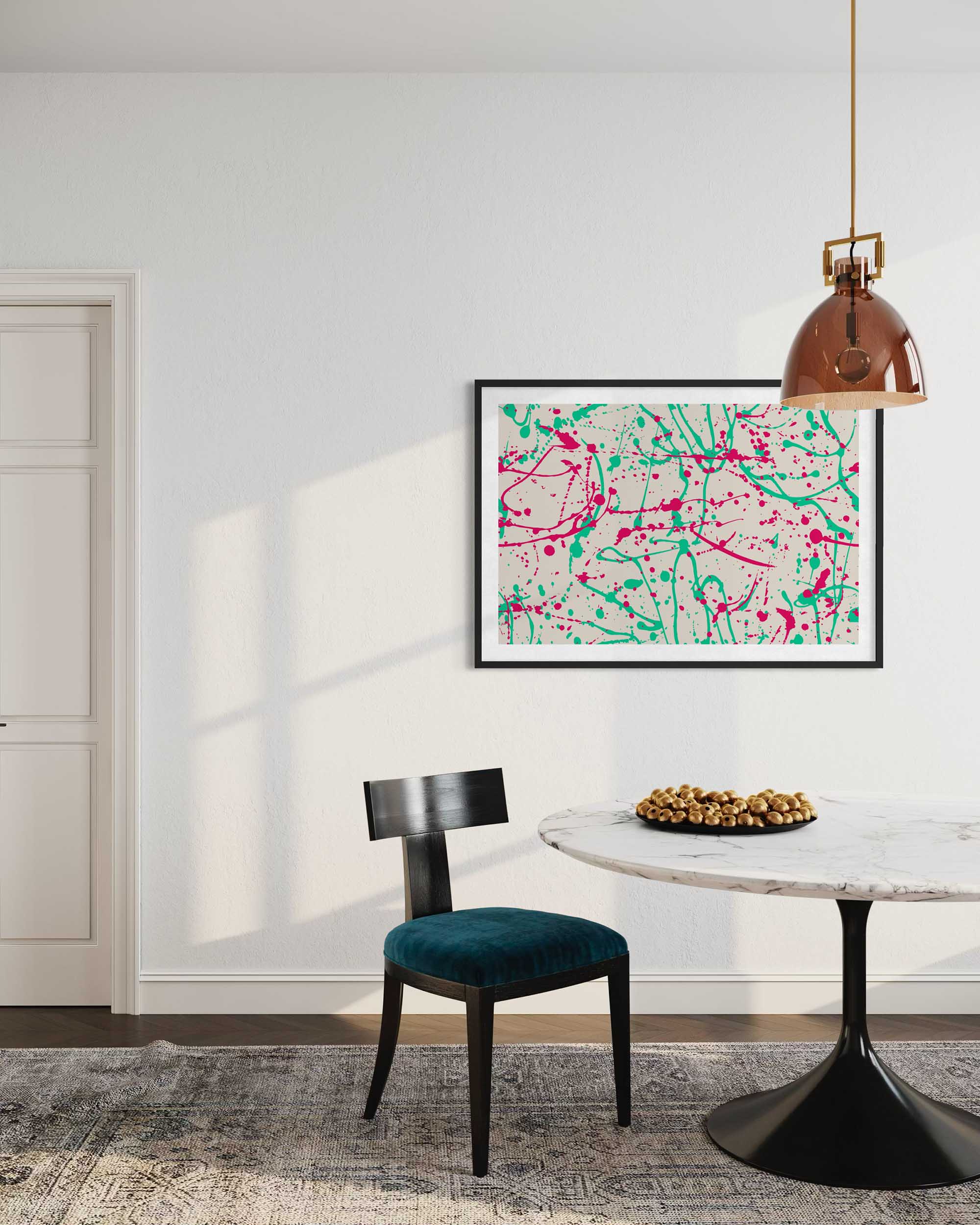 Modern interior with a chair, table, and abstract artwork on the wall.