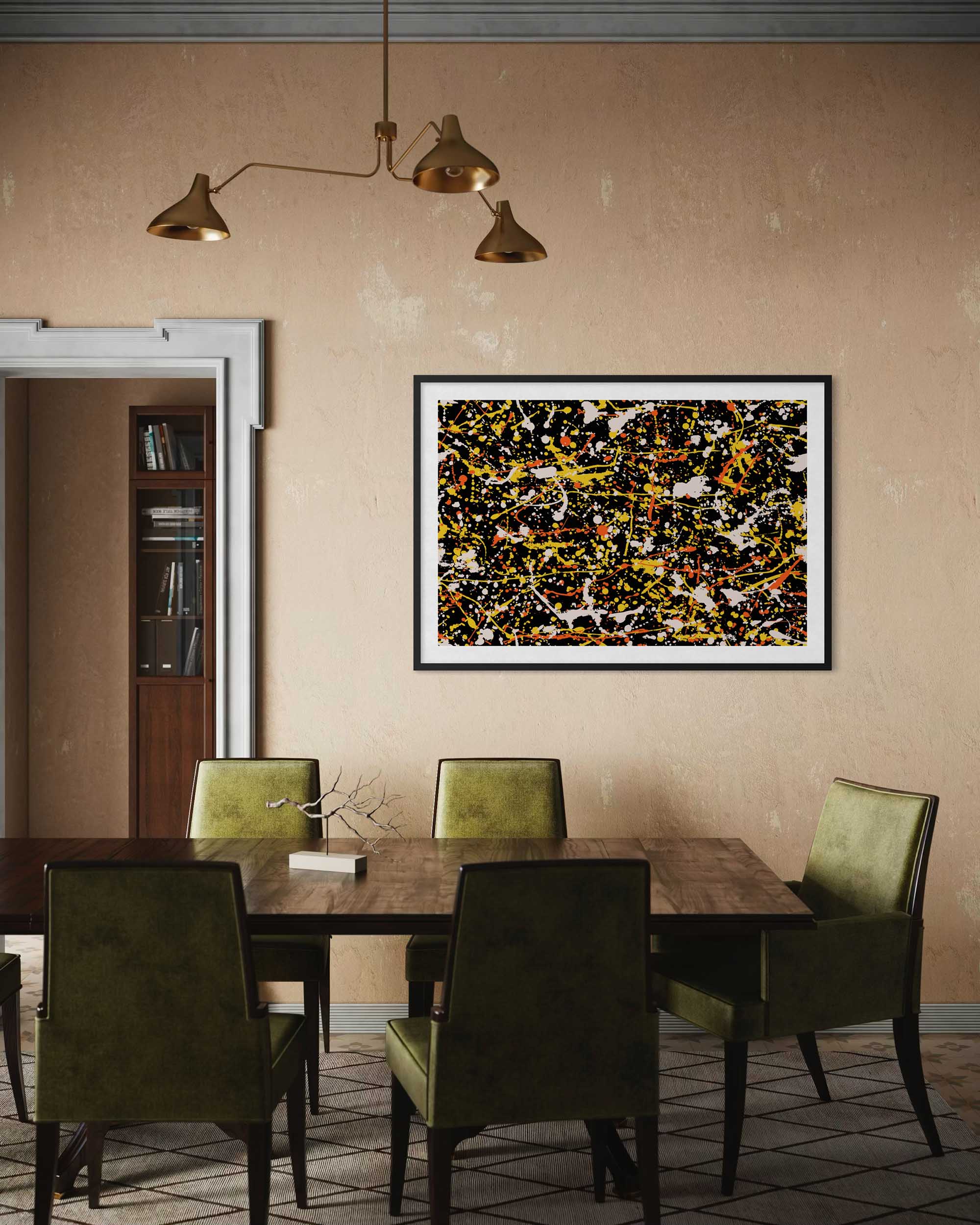 Dining room with a wooden table and green chairs, framed abstract art on the wall.