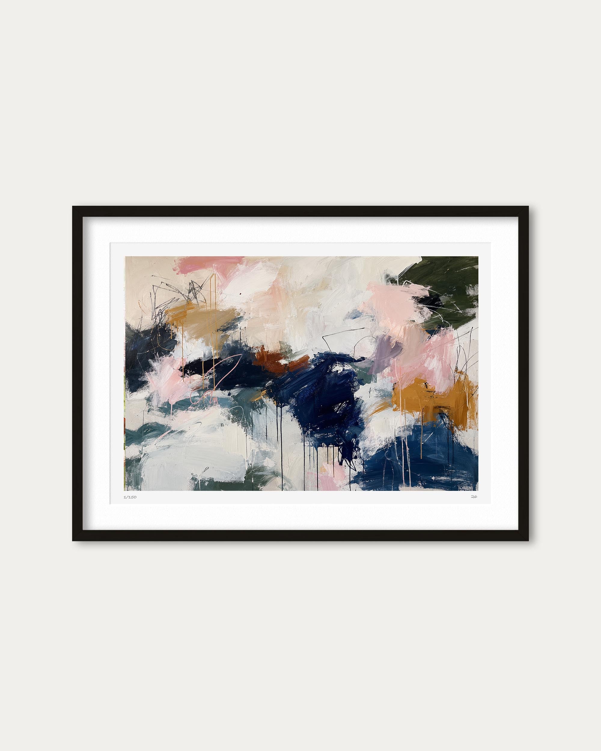 A framed abstract art print featuring expressive brushstrokes in navy, pink, beige, white, and brown, presented in a black frame with a white mat against a light gray background.
