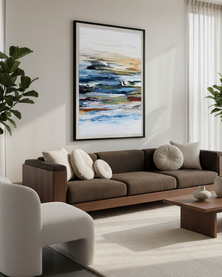 extra large oversized abstract wall art, blue and white abstract art in living room with high ceilings, modern blue striped print for sale