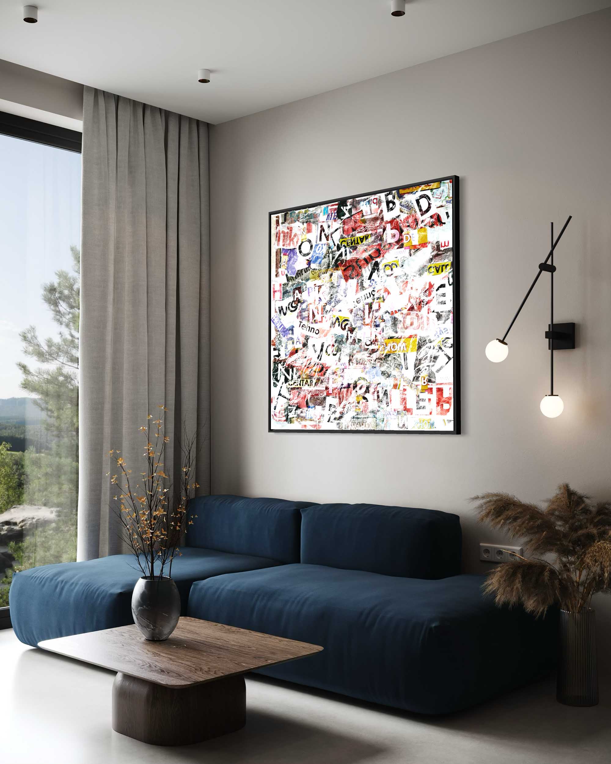 Modern living room with a blue sofa, abstract artwork, and decorative elements.