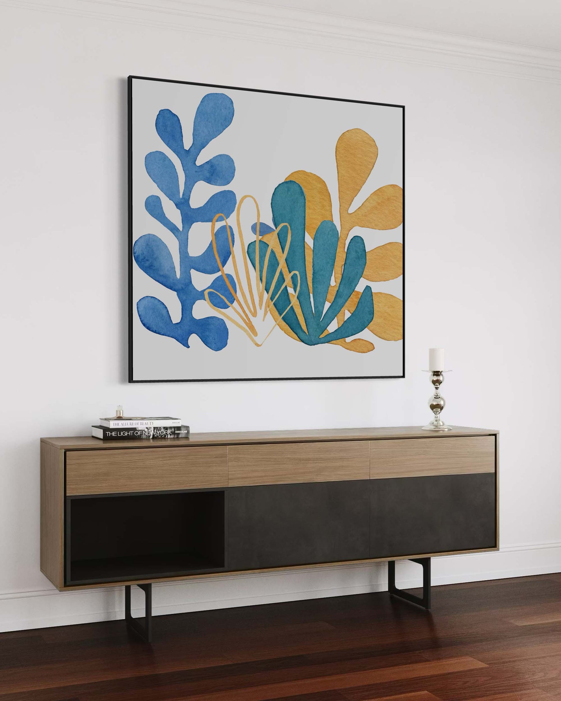 Modern living room with a wooden console table and abstract artwork on the wall.