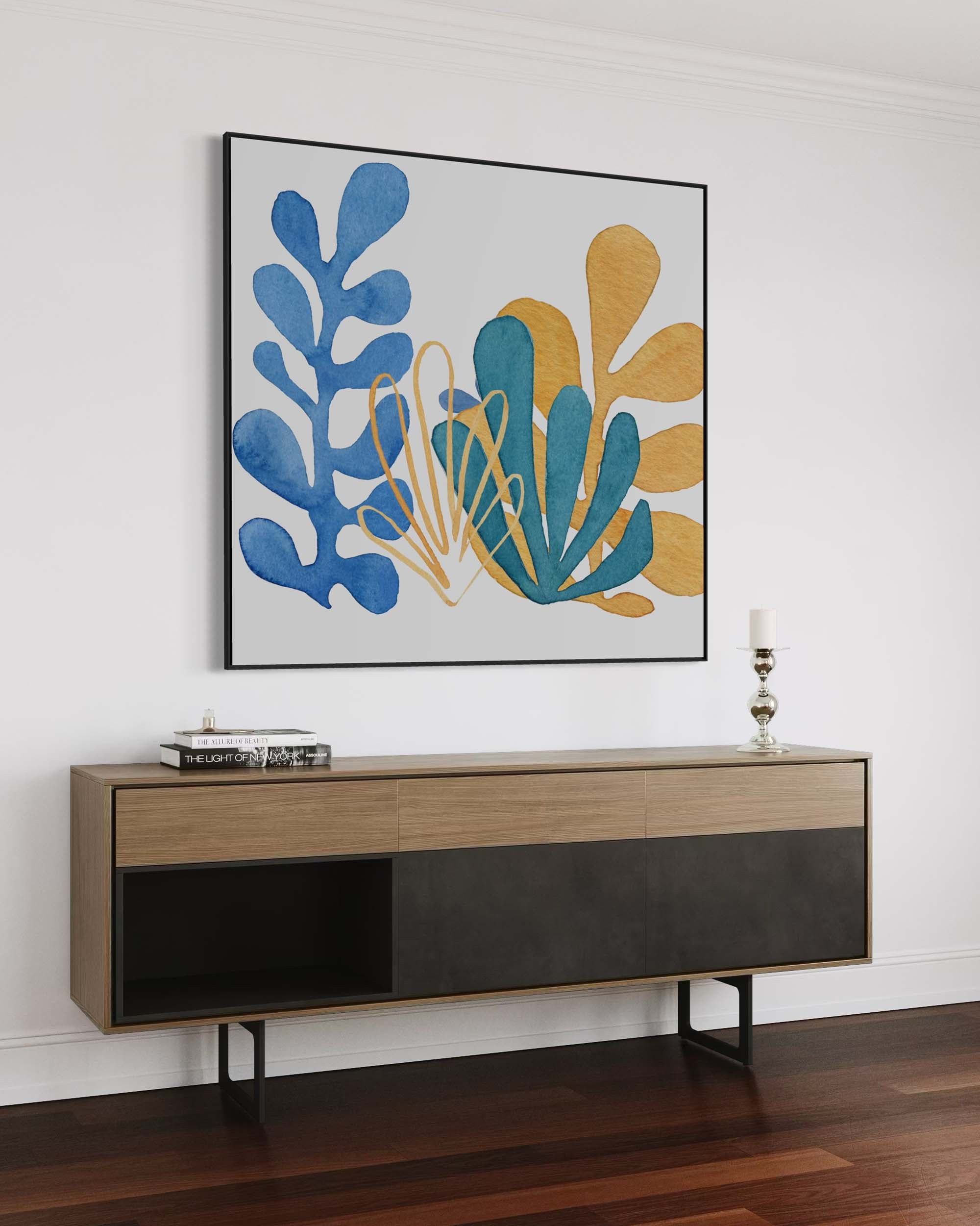 Modern living room with a wooden console table and abstract artwork on the wall.