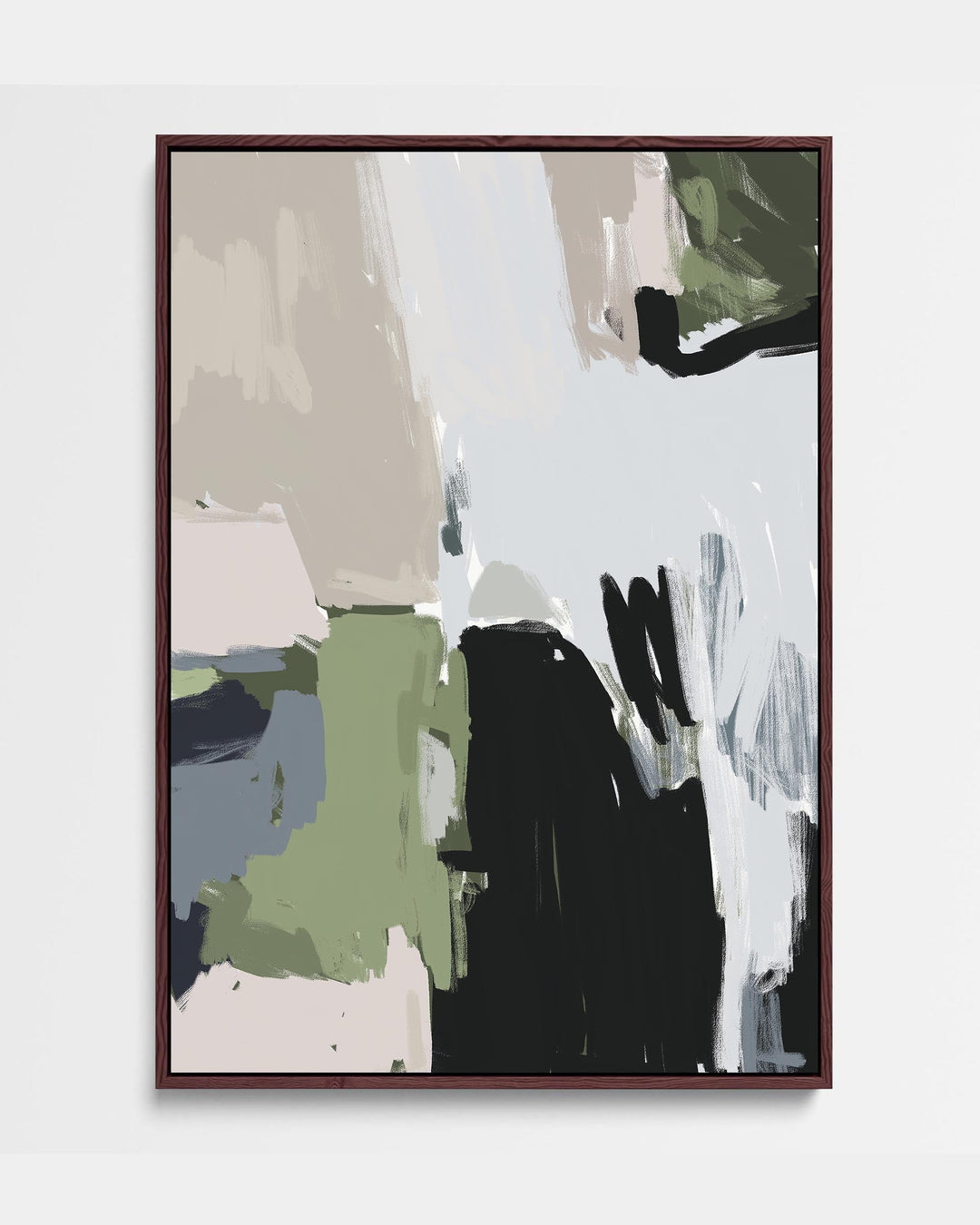 A modern abstract pastel painting with green brushstrokes on a soft palette, framed in a simple wooden frame.