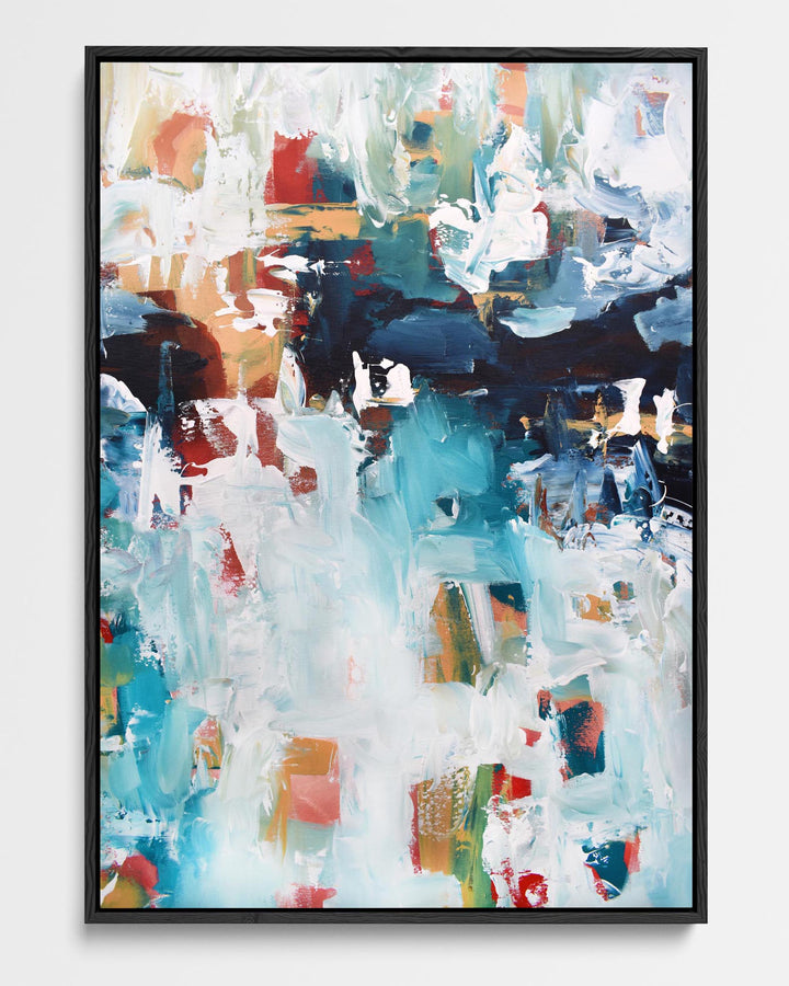 A framed canvas featuring an abstract design with a mix of modern blue, teal, white, green, and yellow ochre tones.