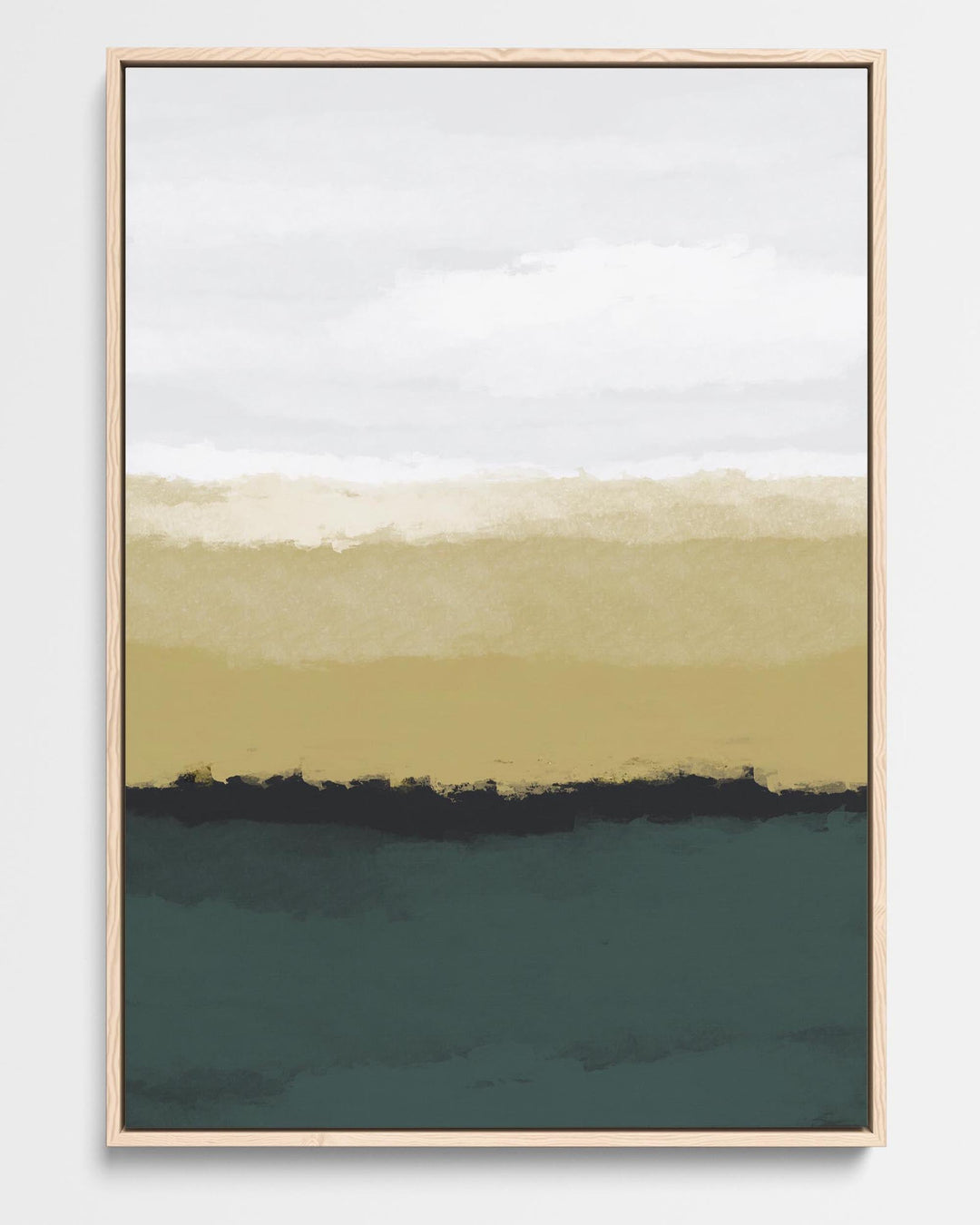 A framed canvas with abstract layers of green and yellow color meant to represent a sunset, with a wooden frame.