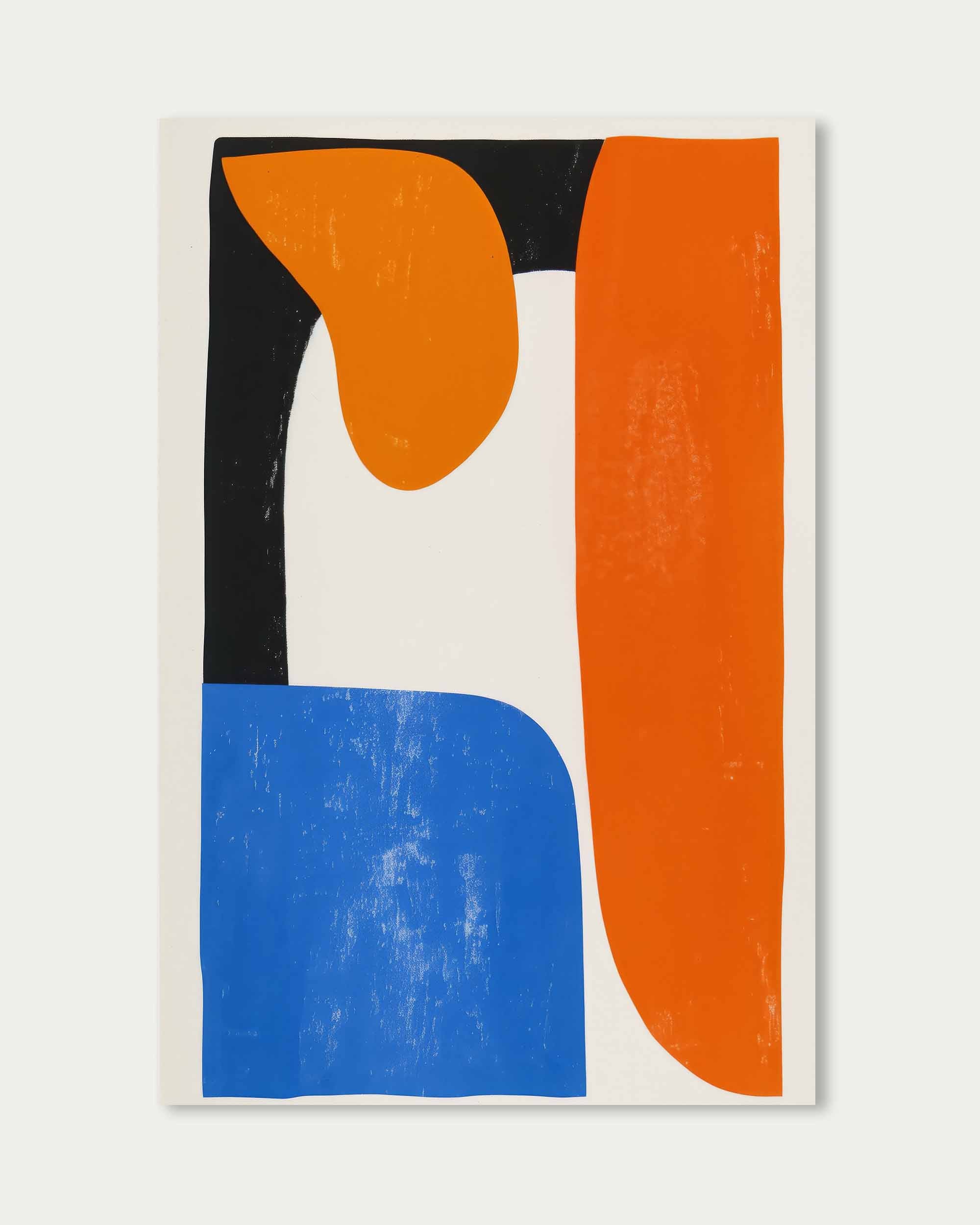 Abstract art print with orange, blue, and black shapes on a white background