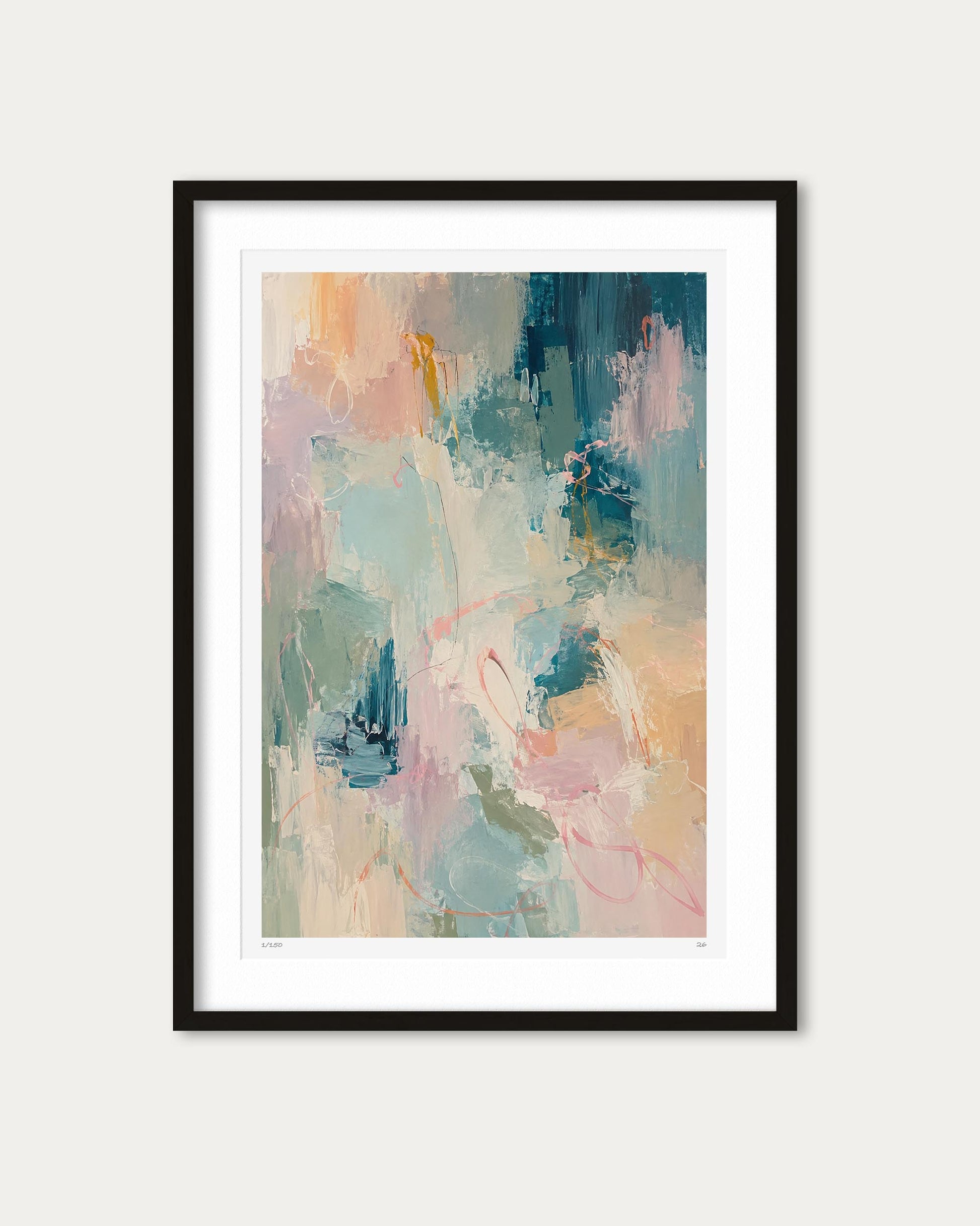 A framed abstract art print featuring a soft, painterly composition of teal, pink, peach, and cream brushstrokes, presented in a black frame with a white mat against a light gray background.