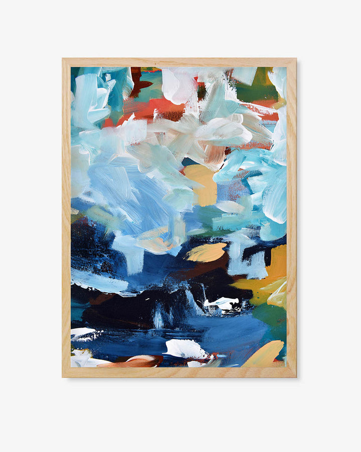 A framed art piece with abstract design, featuring bright colors such as blue, orange, green, and white.