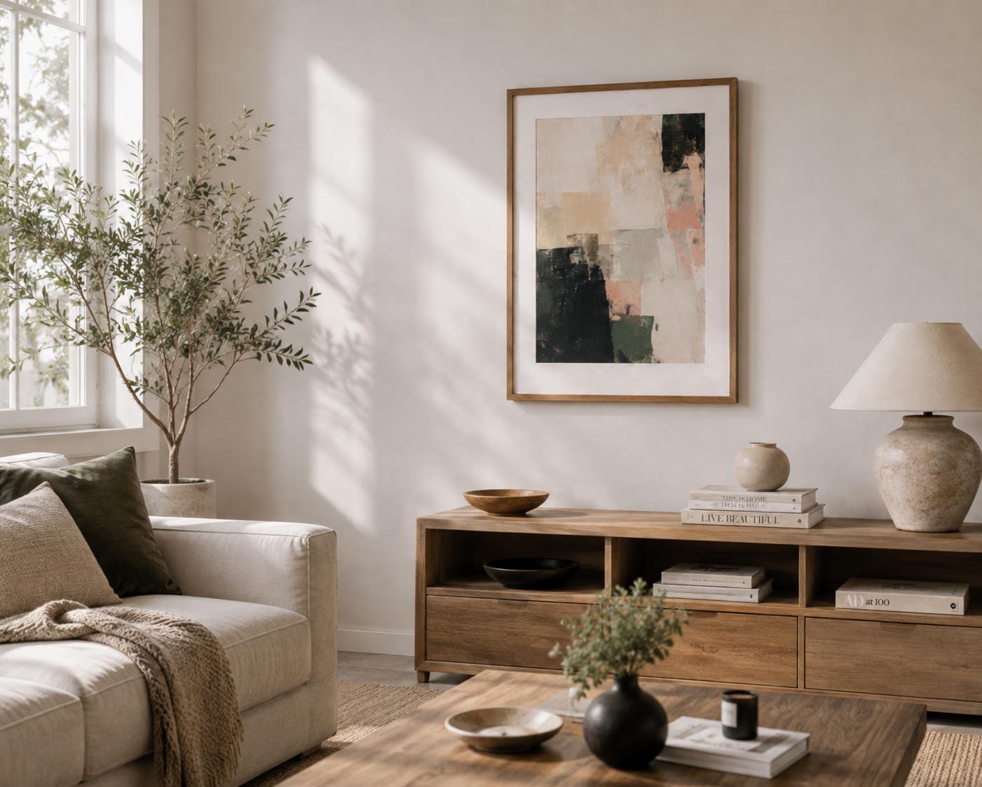 A framed abstract wall art print with beige, black, and blush tones hangs above a wooden media console in a bright, modern living room with a sofa, lamp, and plant.