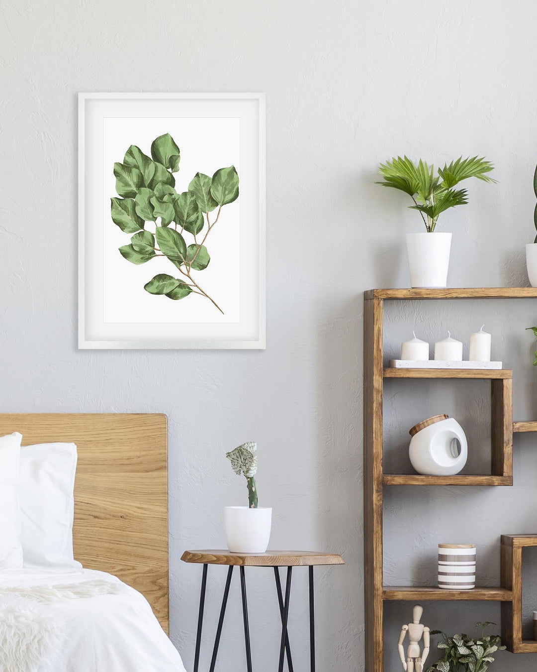 Room interior with a framed plant print on the wall, wooden shelves, and small plants.