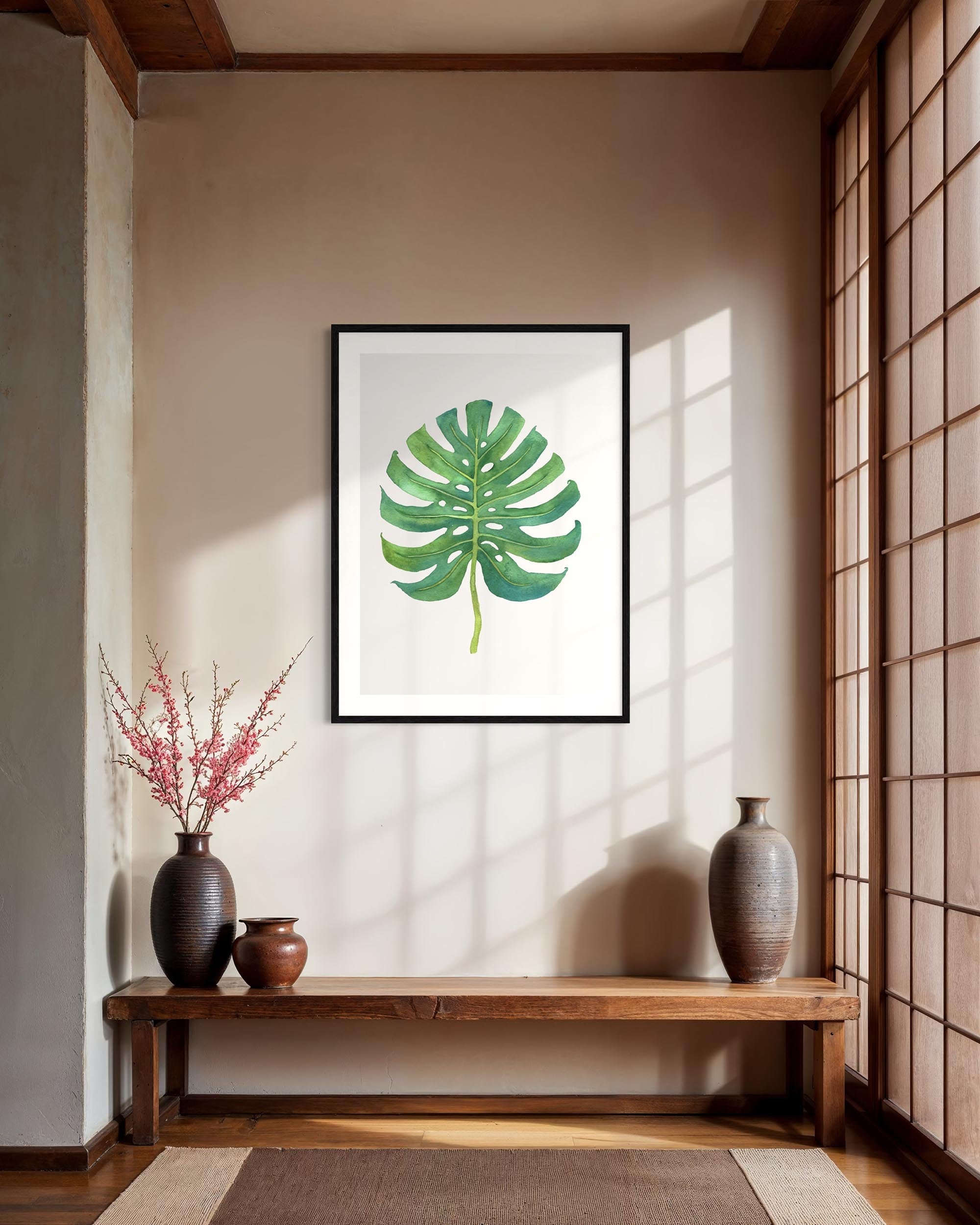large framed botanical art print in modern room