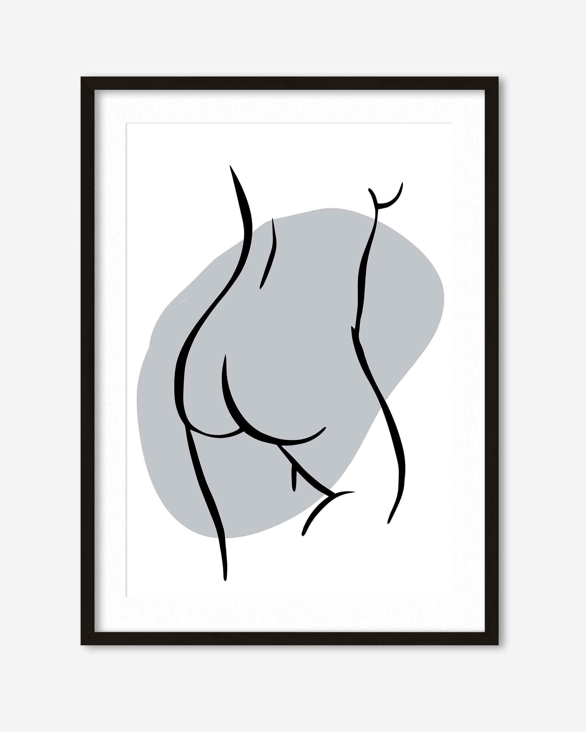 Framed abstract art print with black line drawing on a gray background