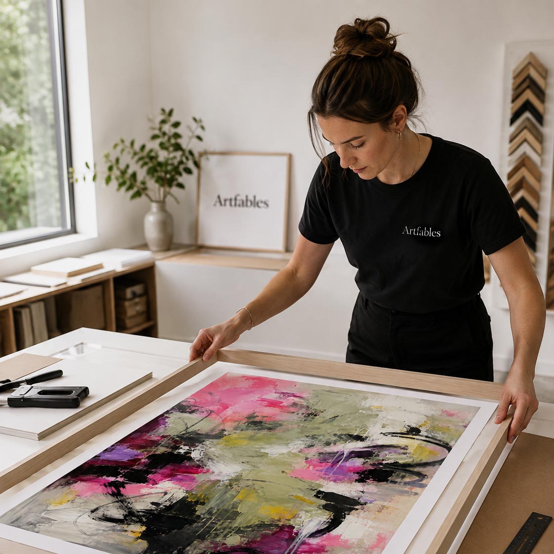 A woman in a black t-shirt with 'Artfables' printed on the chest is carefully handling a large framed abstract painting in a bright, modern art studio.
