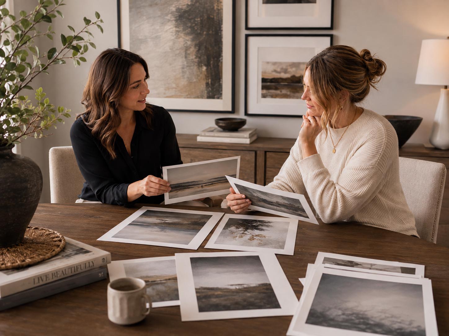 Two women sitting at a wooden table in a warmly lit home office, holding and discussing framed landscape photographs. Several prints are spread across the table, with books, a mug, a lamp, and framed wall art visible in the background.