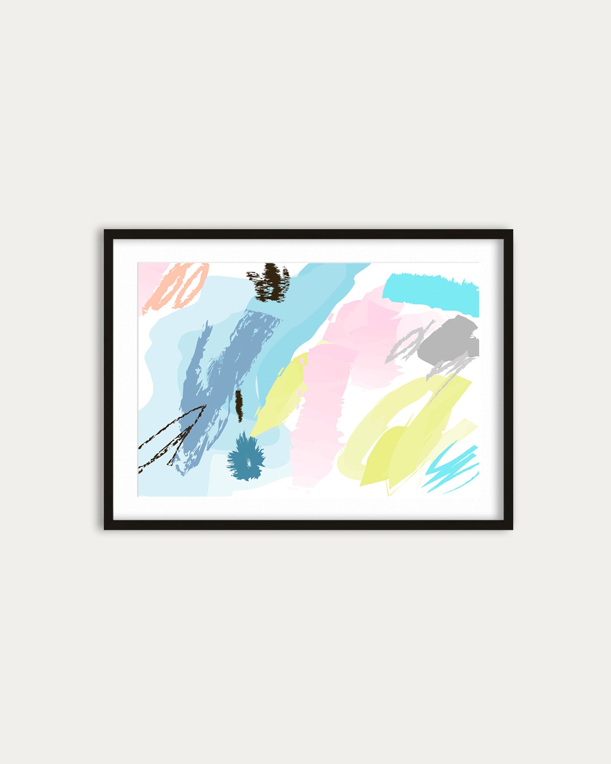 Framed abstract art print with colorful brush strokes on a white wall