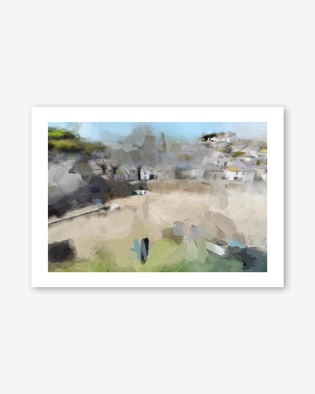 Framed artwork of a village scene with houses and greenery.