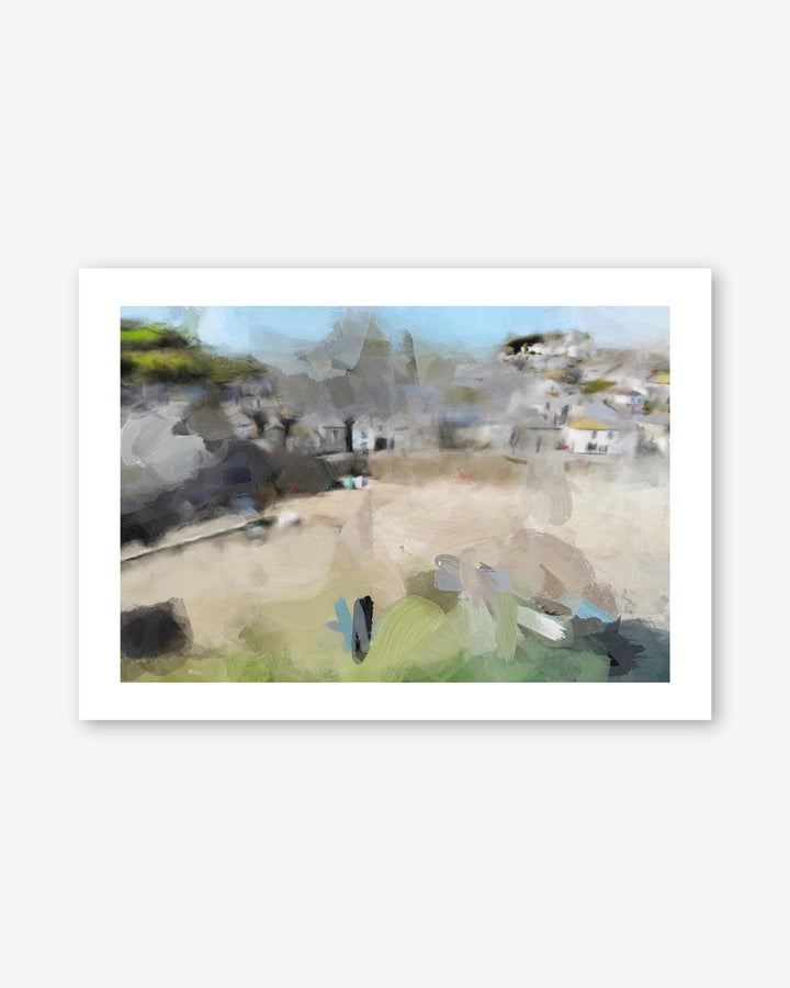 Framed artwork of a village scene with houses and greenery.