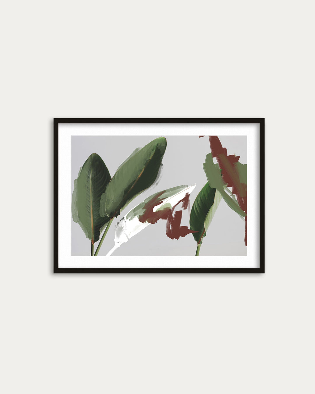 Framed artwork with green and red leaves on a light gray background