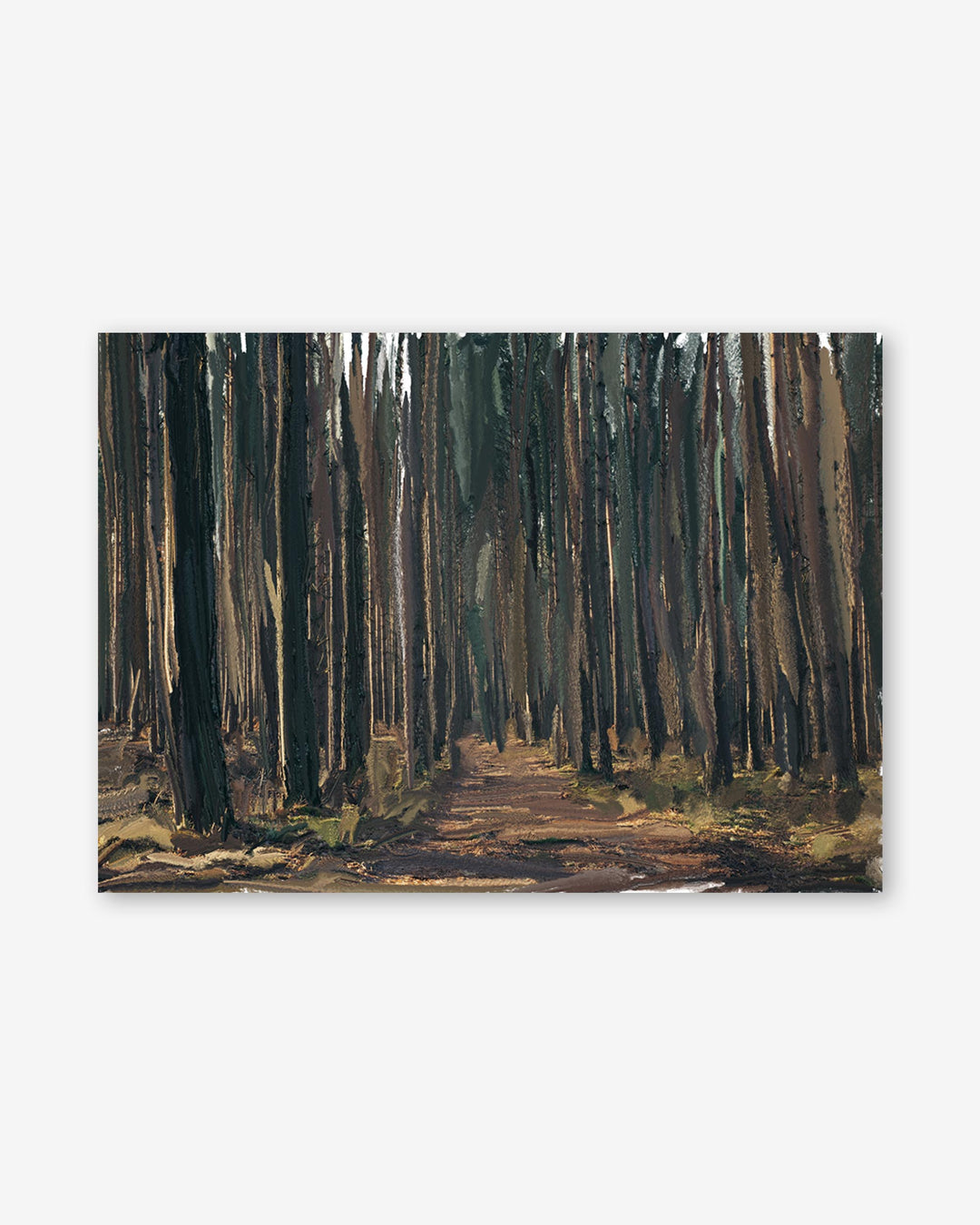 Painting of a forest path with tall trees on a white background