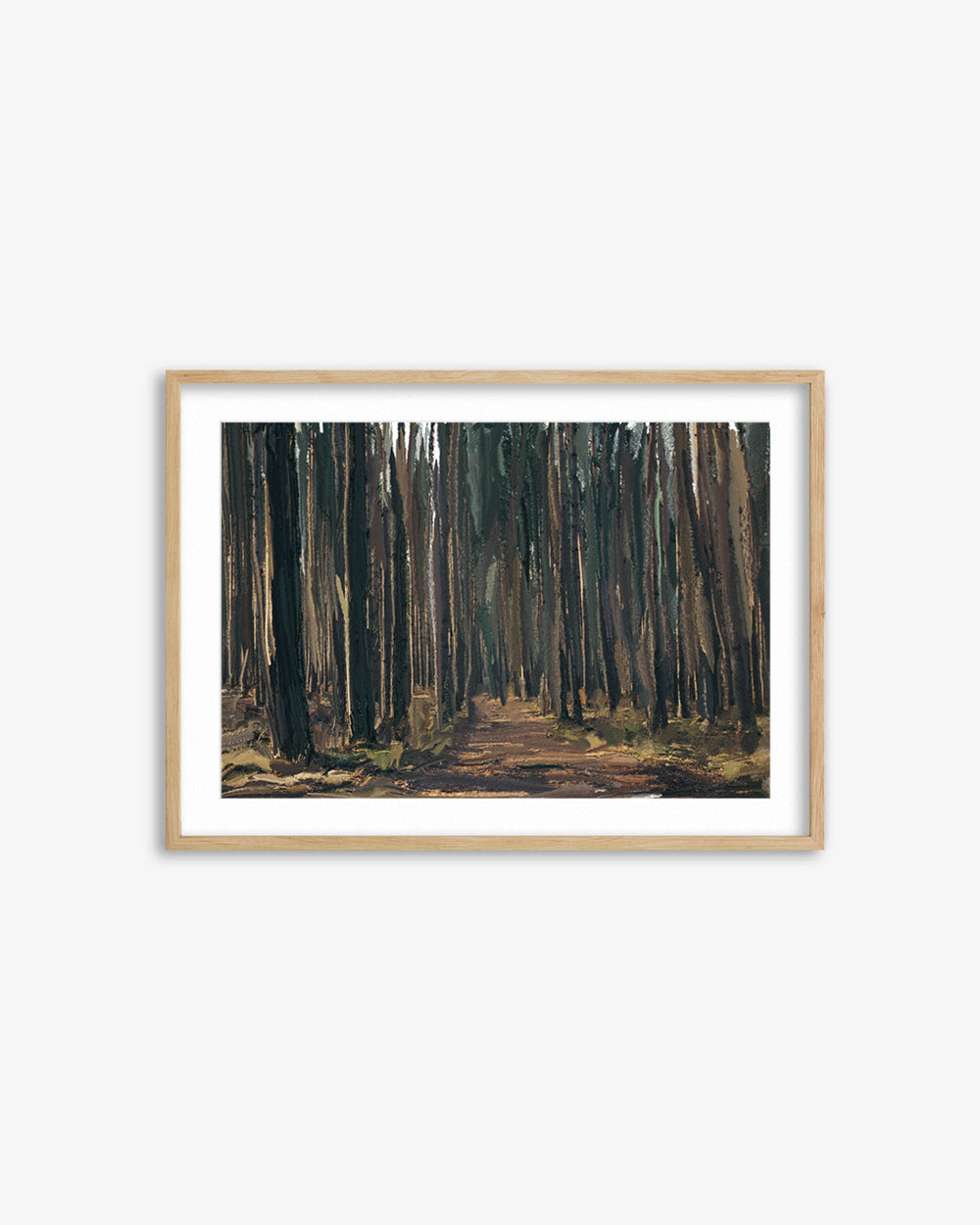 Framed painting of a forest on a white wall