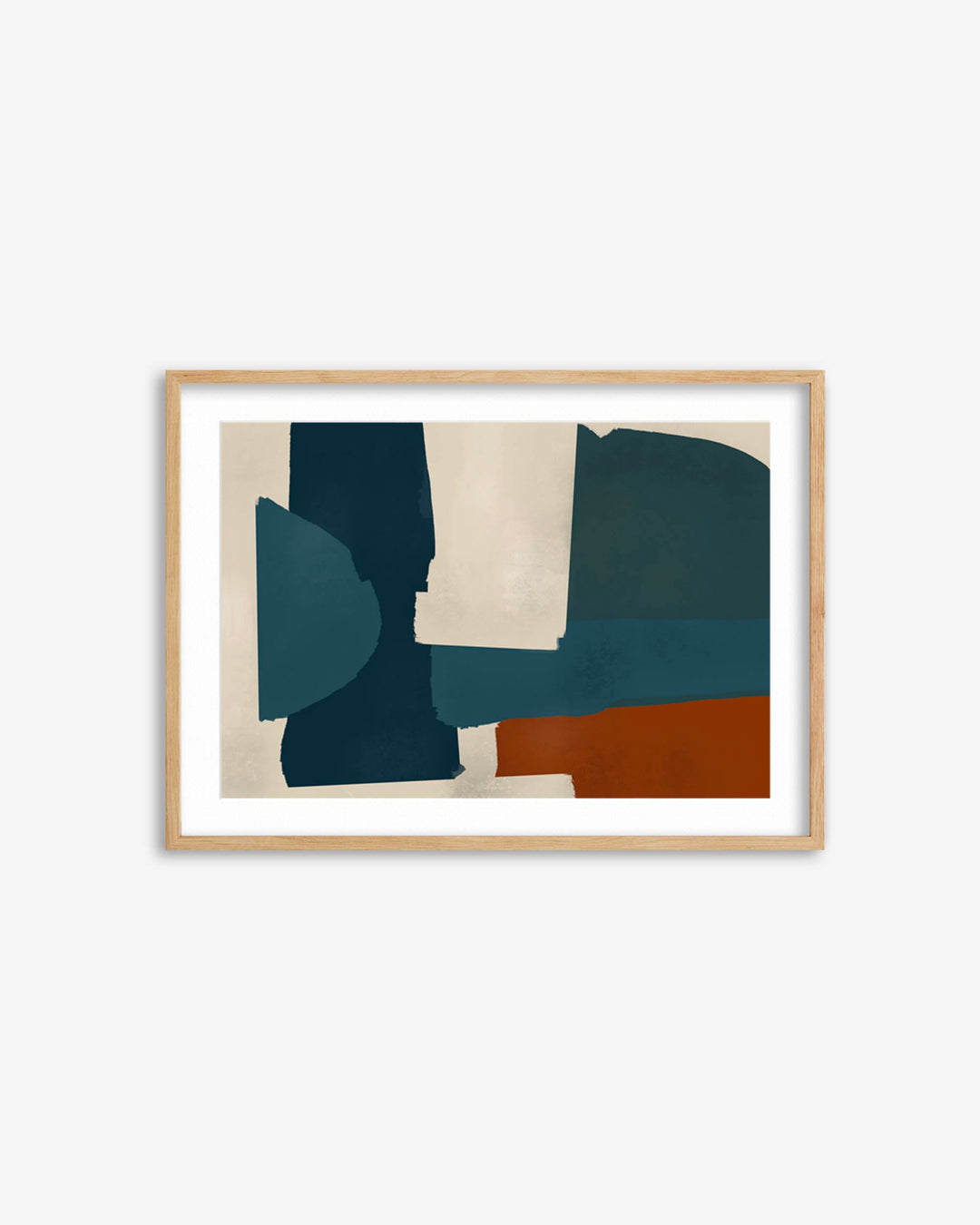 Framed abstract art print with geometric shapes on a white wall