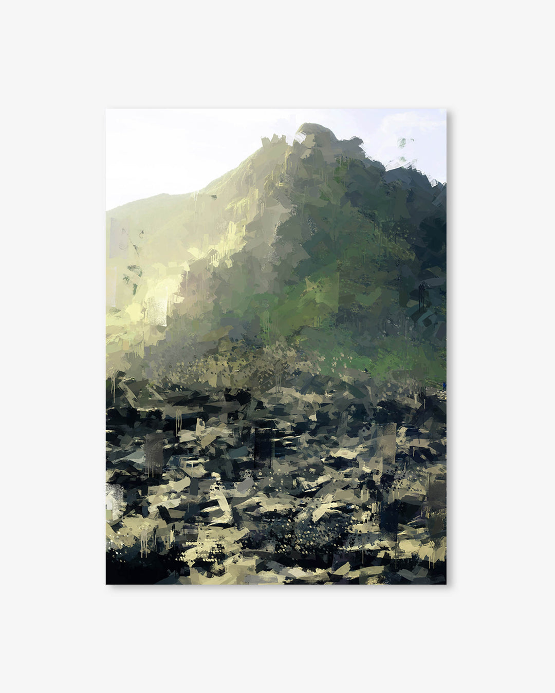 Abstract painting of a mountain landscape with green and black tones