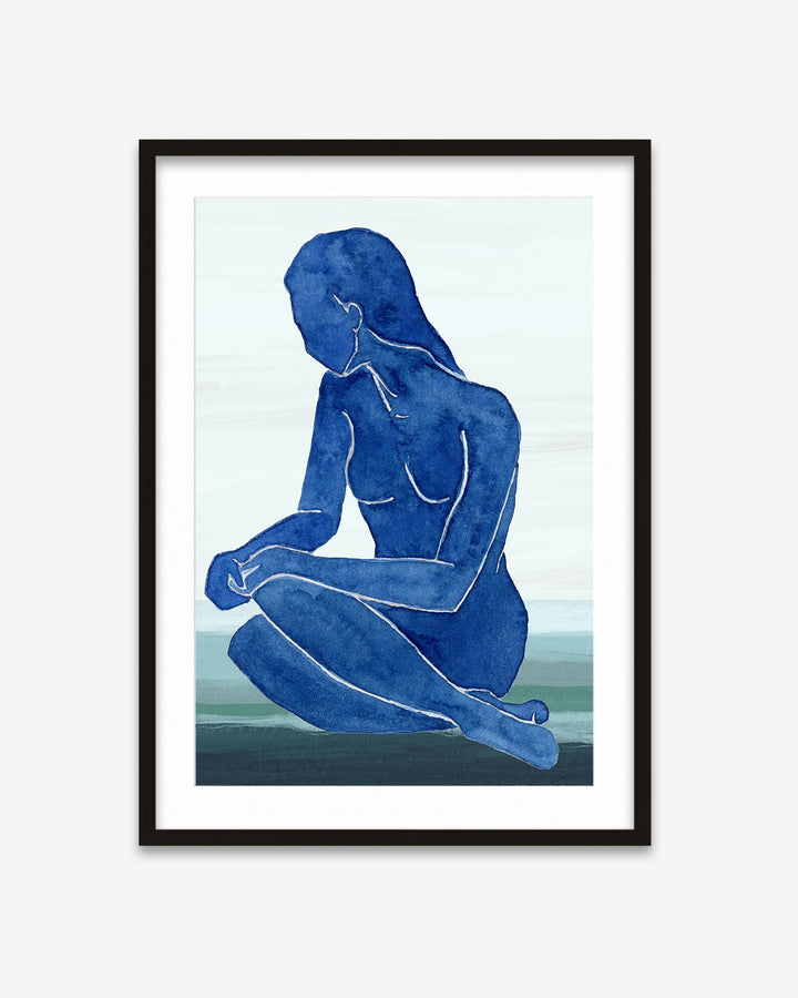 Framed artwork of a blue silhouette of a nude figure on a light blue background