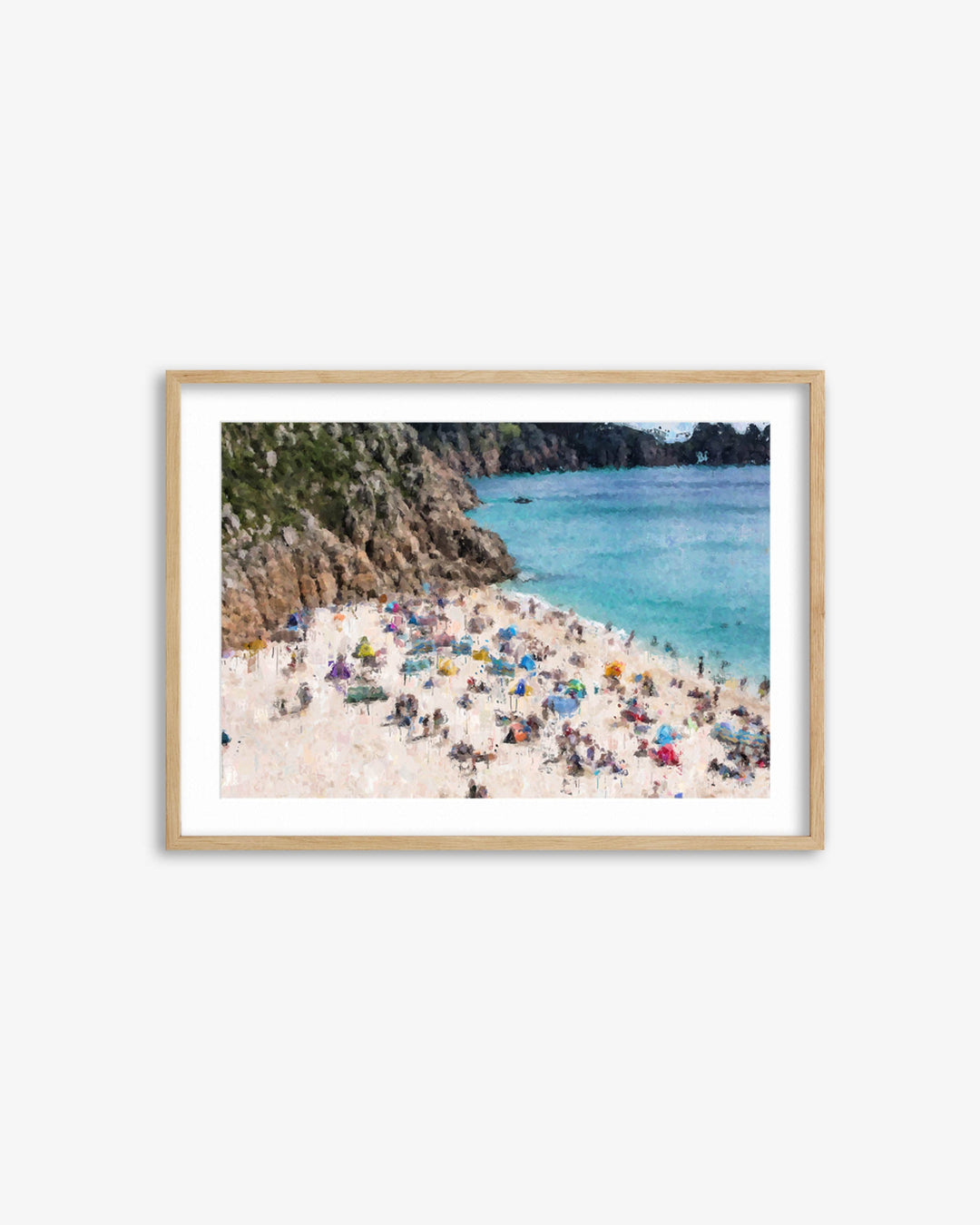 Framed artwork of a beach scene with people and umbrellas.