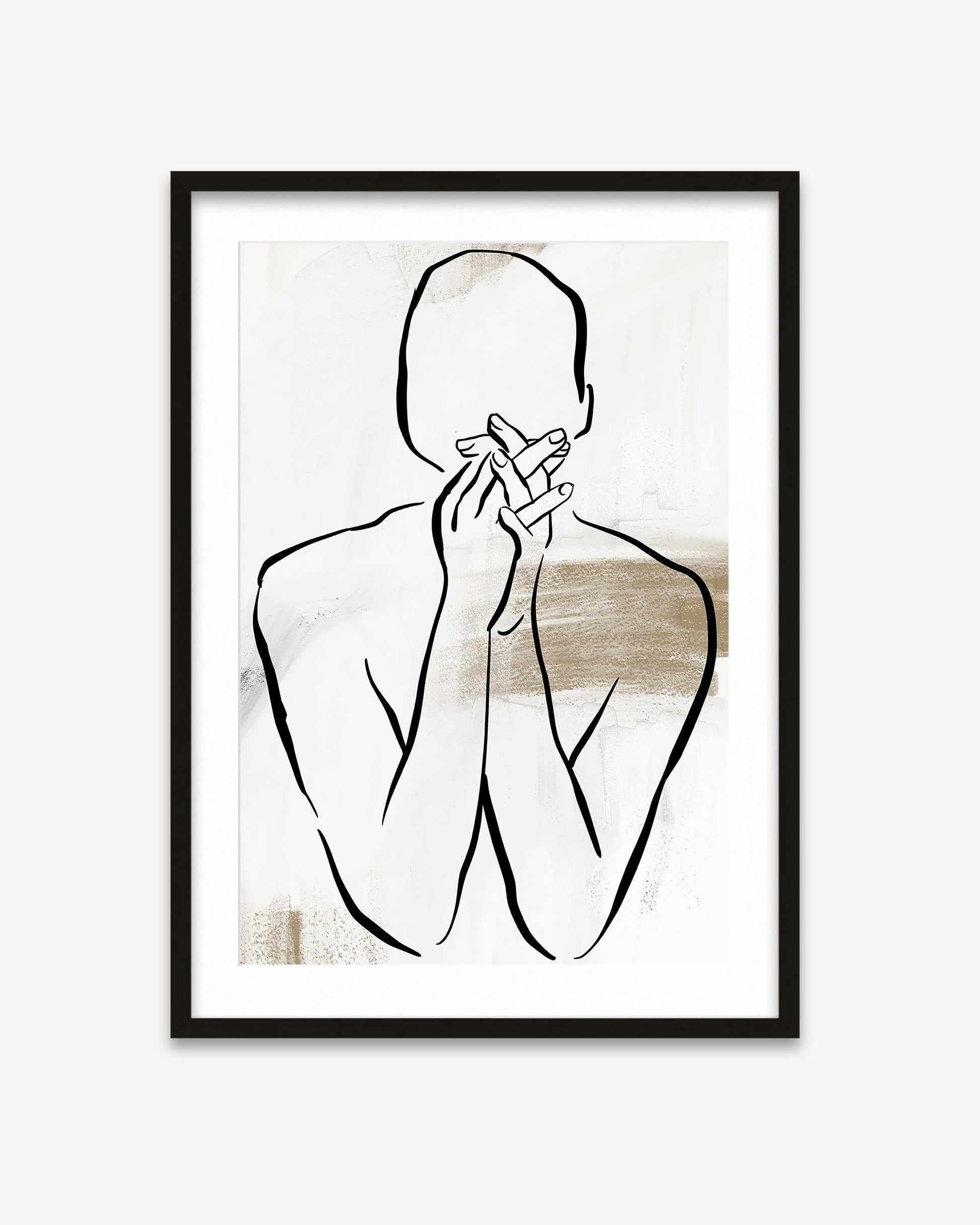 Framed abstract art print of a person with hands over face on a white background