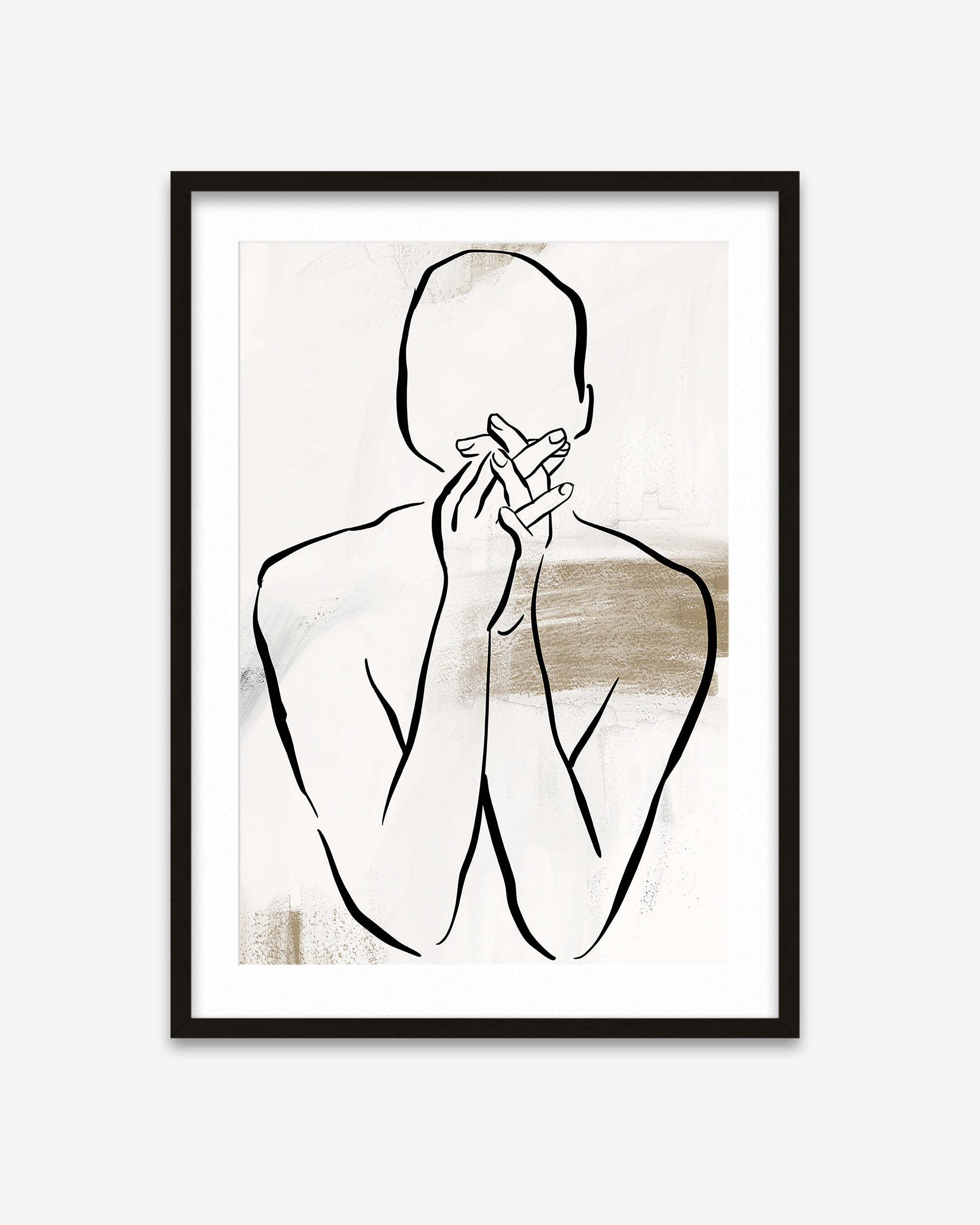 Framed abstract art print of a person with hands over face on a white background