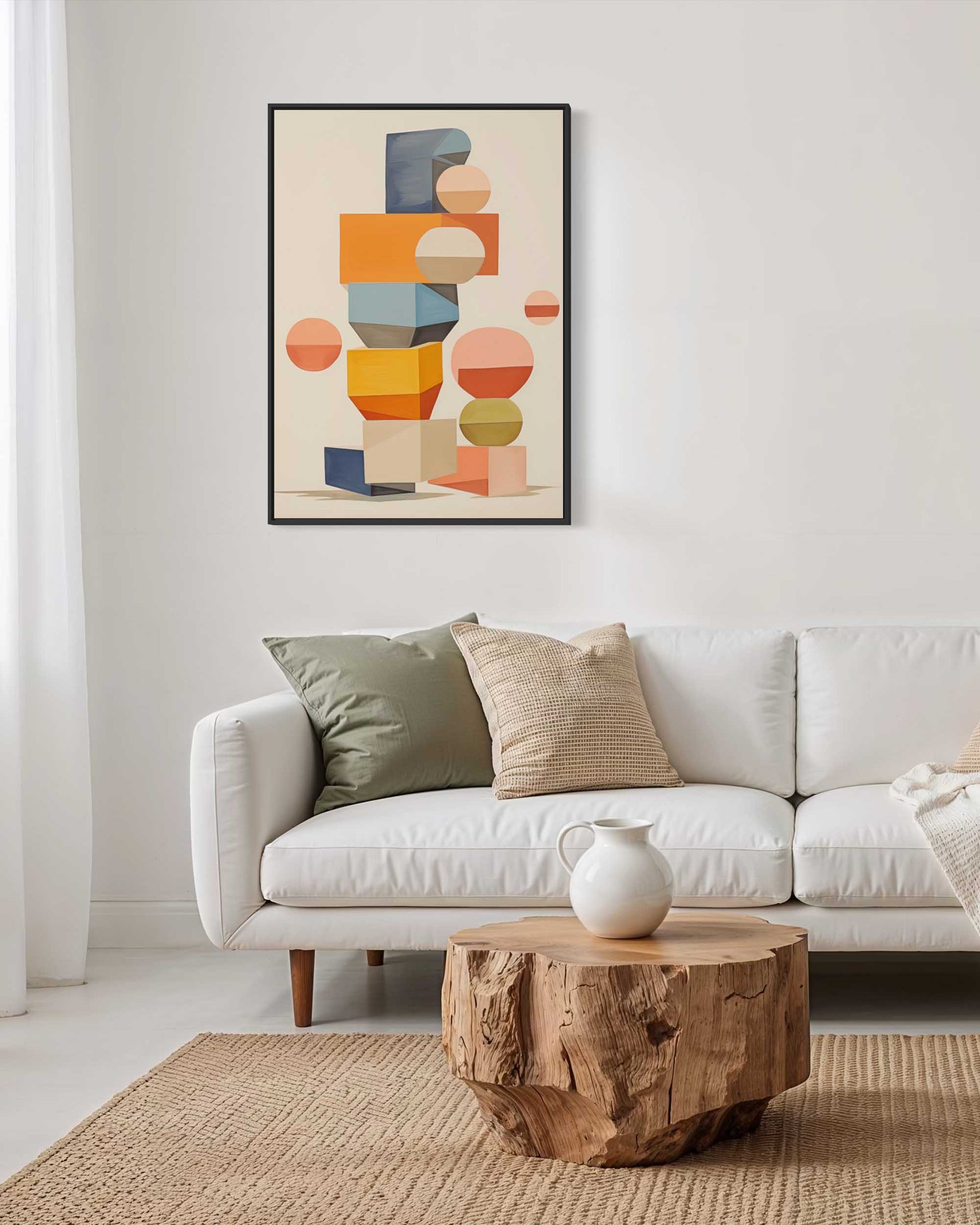 Modern living room with a white sofa, wooden coffee table, and abstract art on the wall.