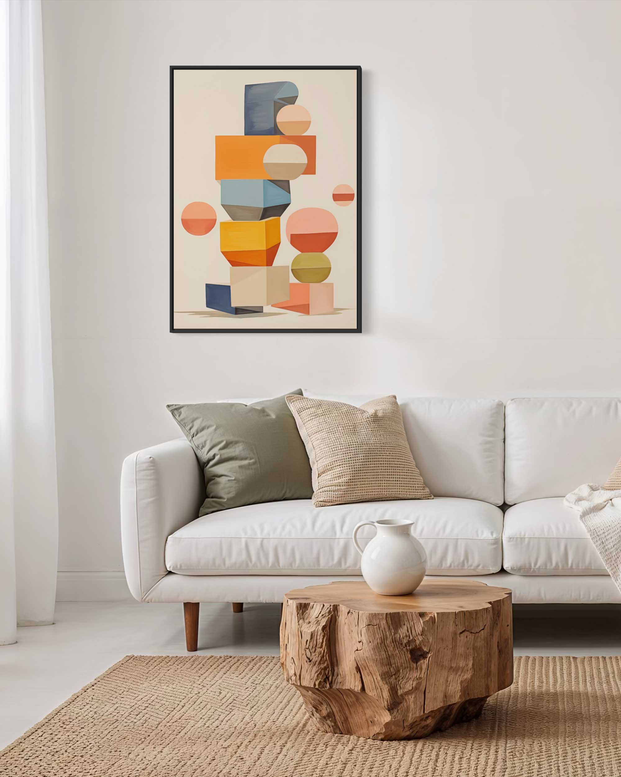 Modern living room with a white sofa, wooden coffee table, and abstract art on the wall.