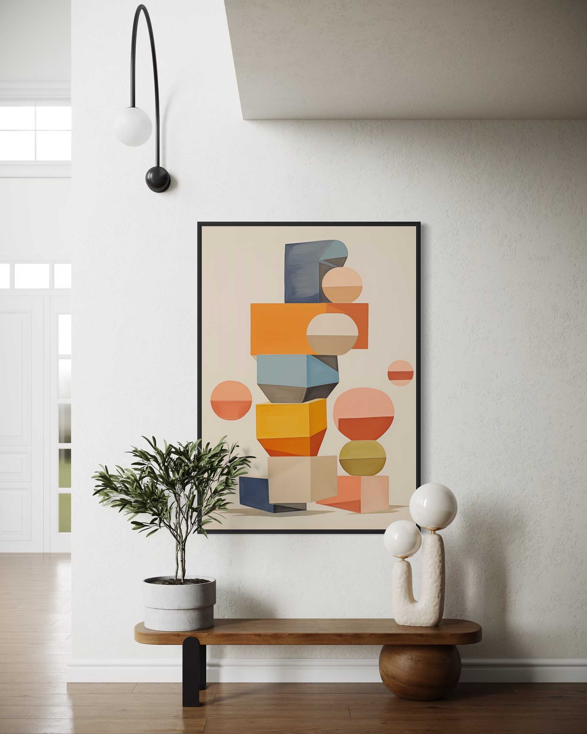 Modern interior with abstract art, plant, and sculpture on a wall.