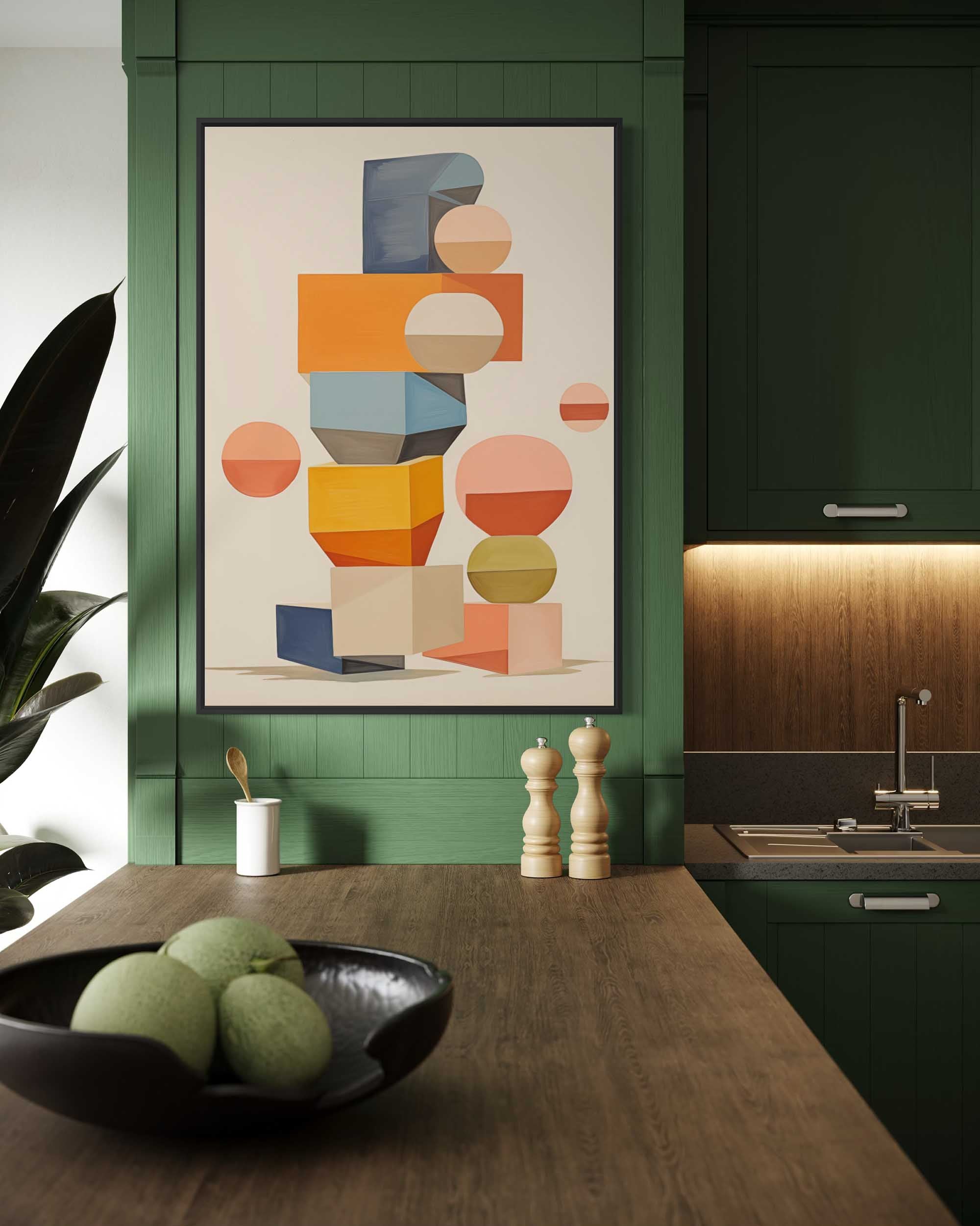 Modern kitchen with geometric art on the wall, wooden counter, and green cabinets.