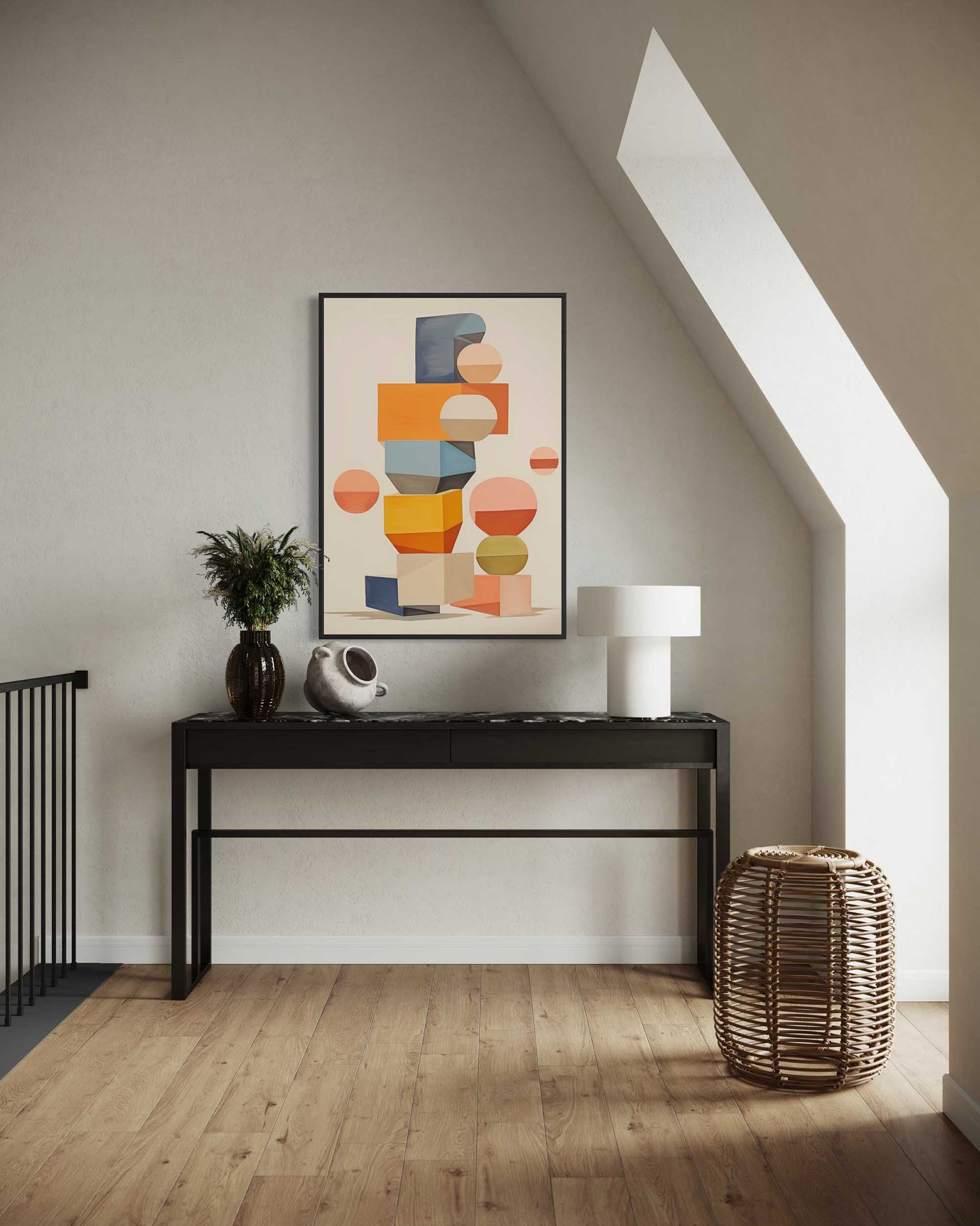 Modern interior with a console table, lamp, and abstract art on a wall.