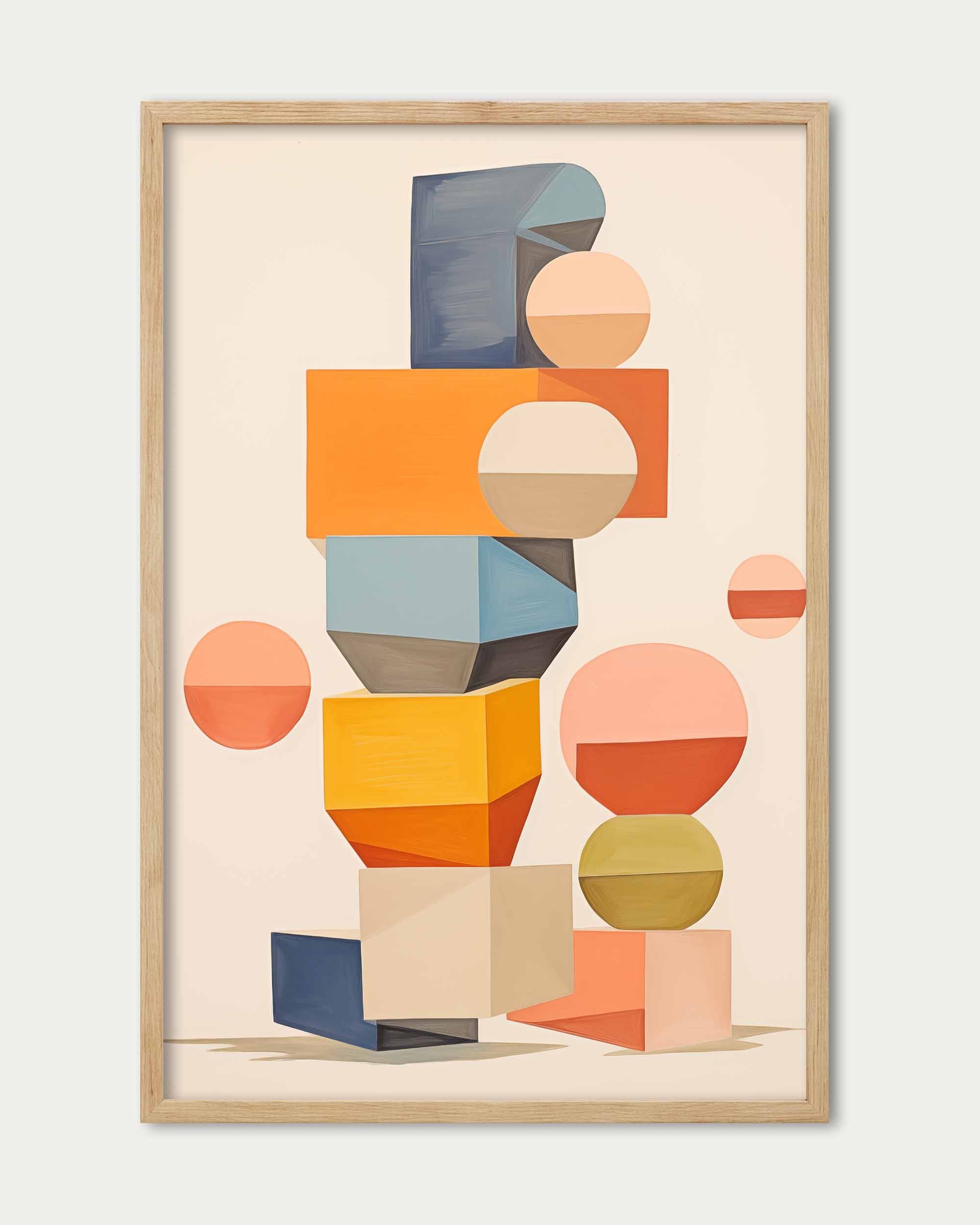 Framed abstract art with geometric shapes on a beige background