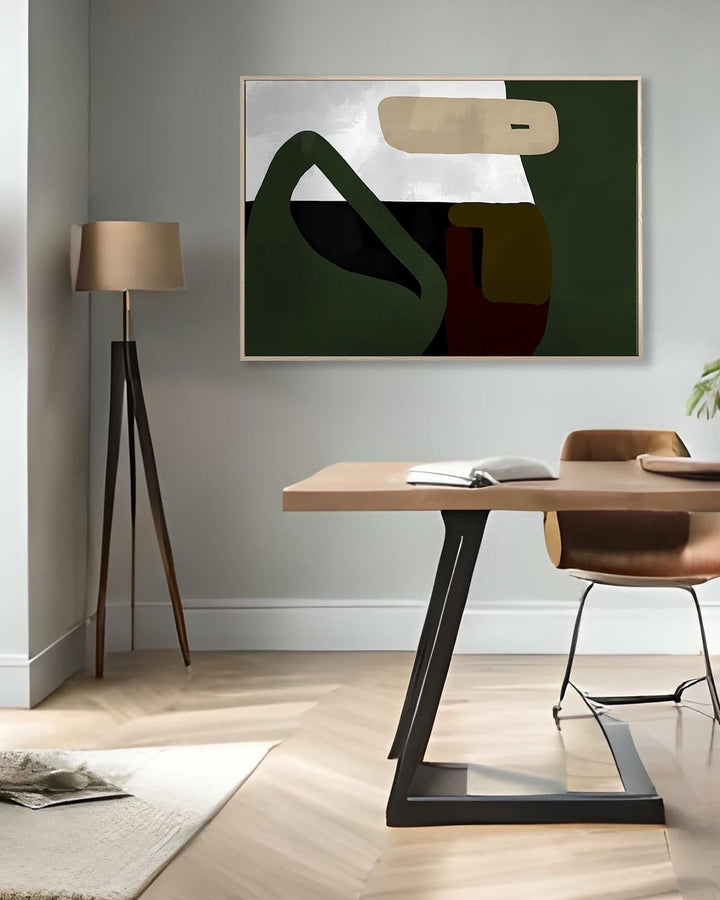 Modern interior with a wooden table, chairs, and abstract art on the wall.