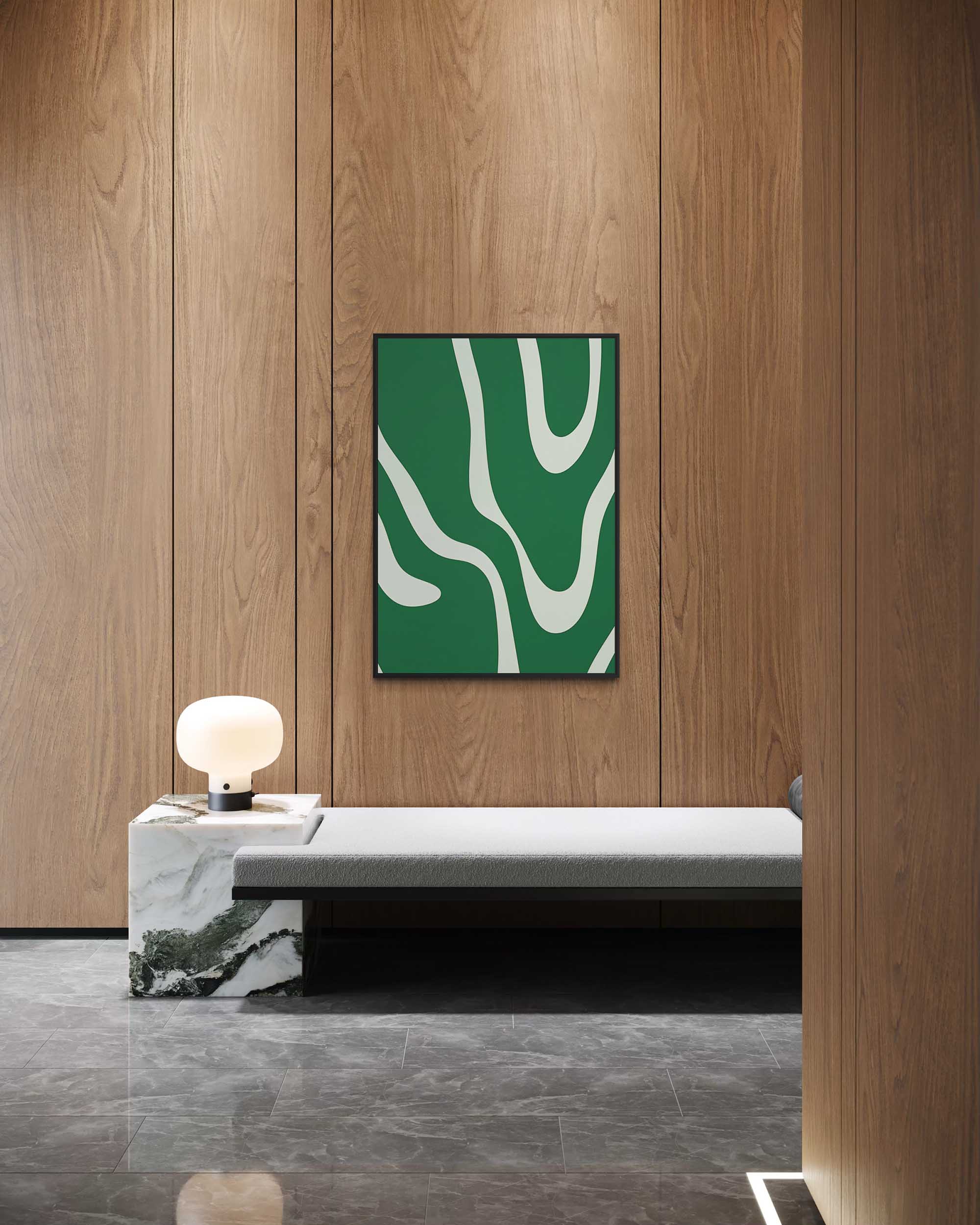 Modern interior with a green abstract painting on a wooden wall.