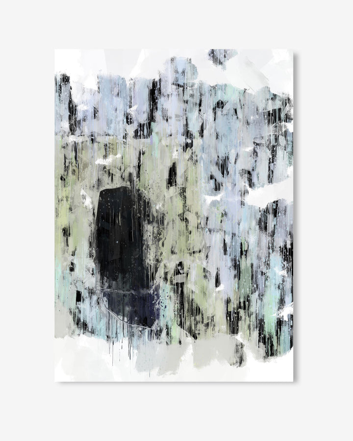 Abstract art piece with black, white, and gray colors on a white background